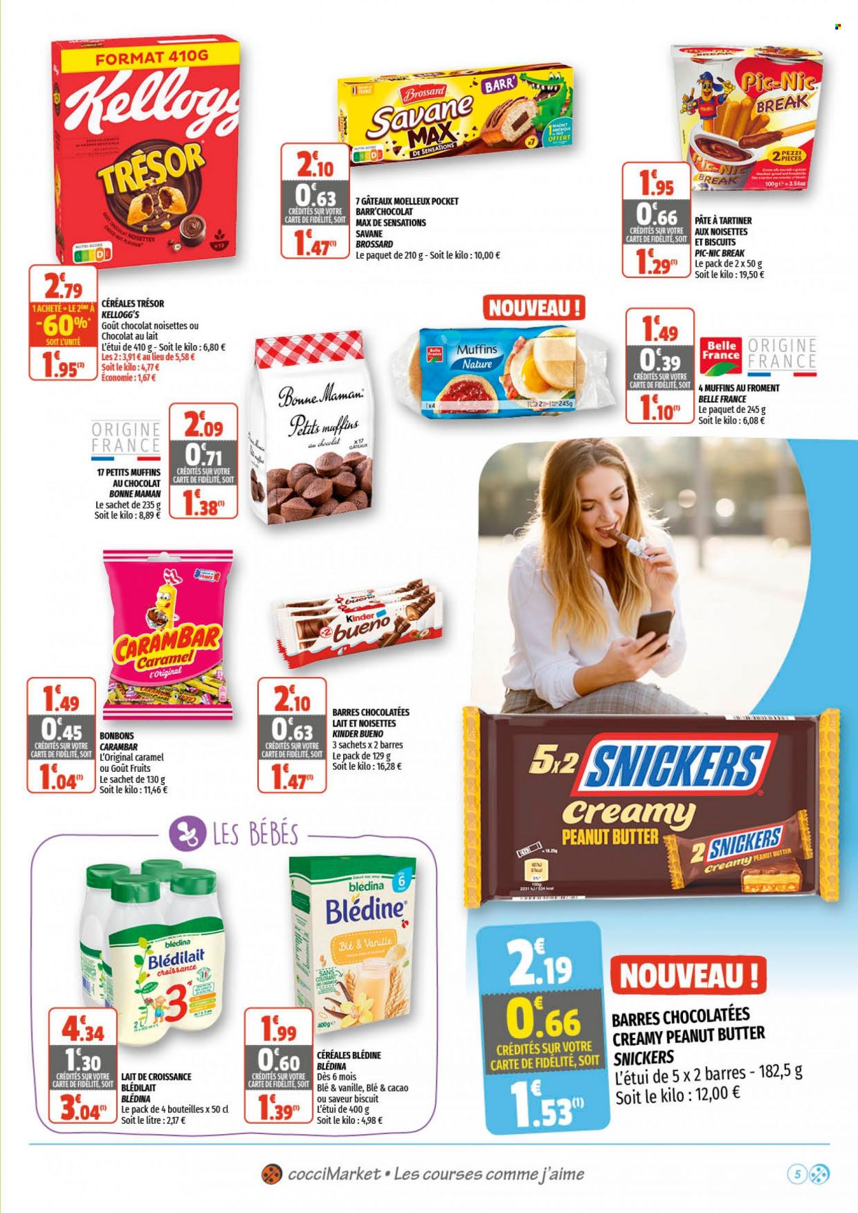thumbnail - Catalogue CocciMarket - 22/06/2022 - 03/07/2022 - Produits soldés - Belle France, pâte à tartiner, bonbons, Kellogg's, Kinder, Kinder Bueno, Brossard, céréales, Blédina, blédilait. Page 5.