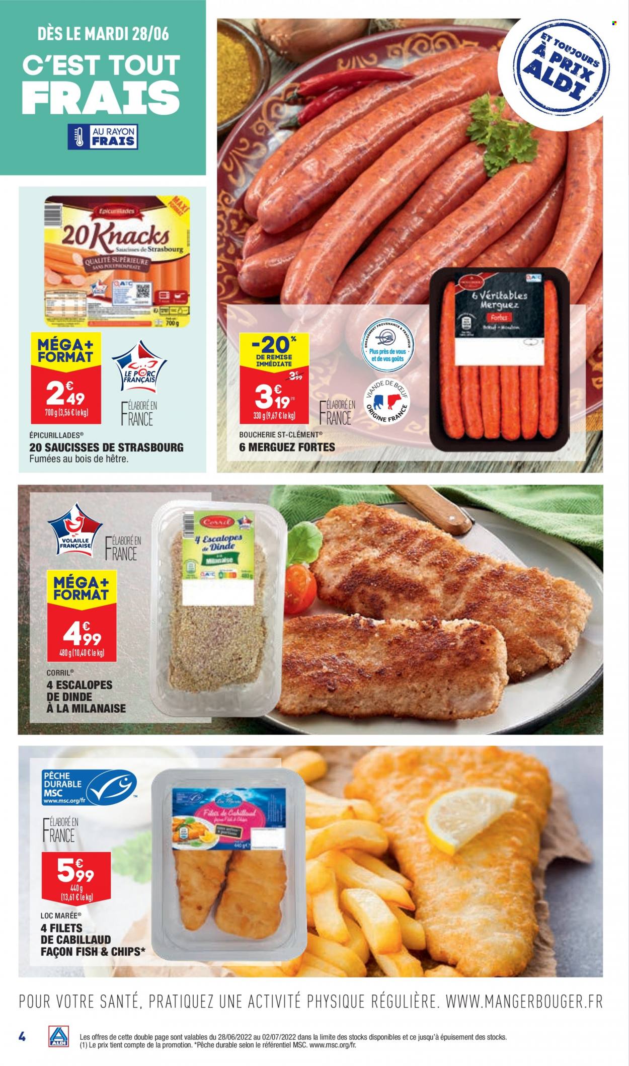 thumbnail - Catalogue ALDI - 28/06/2022 - 04/07/2022 - Produits soldés - escalope, viande de dinde, escalope de dinde, cabillaud, merguez, saucisse. Page 6.