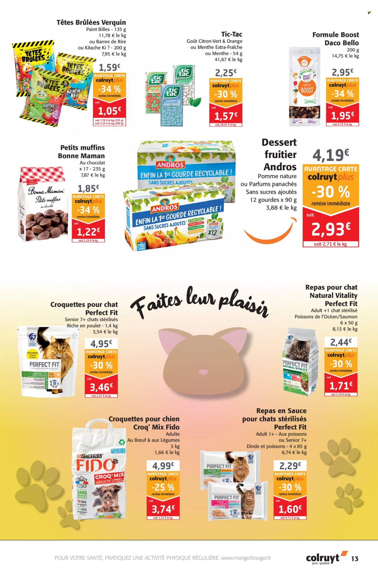 thumbnail - Catalogue Colruyt - 22/06/2022 - 03/07/2022 - Produits soldés - dessert, ANDROS, menthe, croquettes chat, repas pour chat, FIDO, croquettes chien. Page 13.