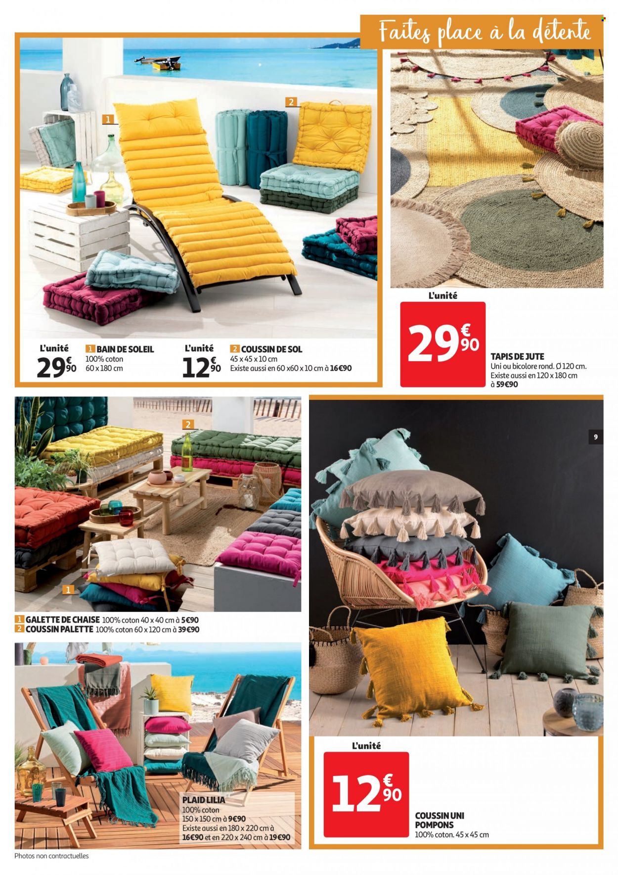 thumbnail - Catalogue Auchan - 06/07/2022 - 12/07/2022 - Produits soldés - galettes, Palette, galette de chaise, coussin, plaid, tapis, bain de soleil. Page 9.