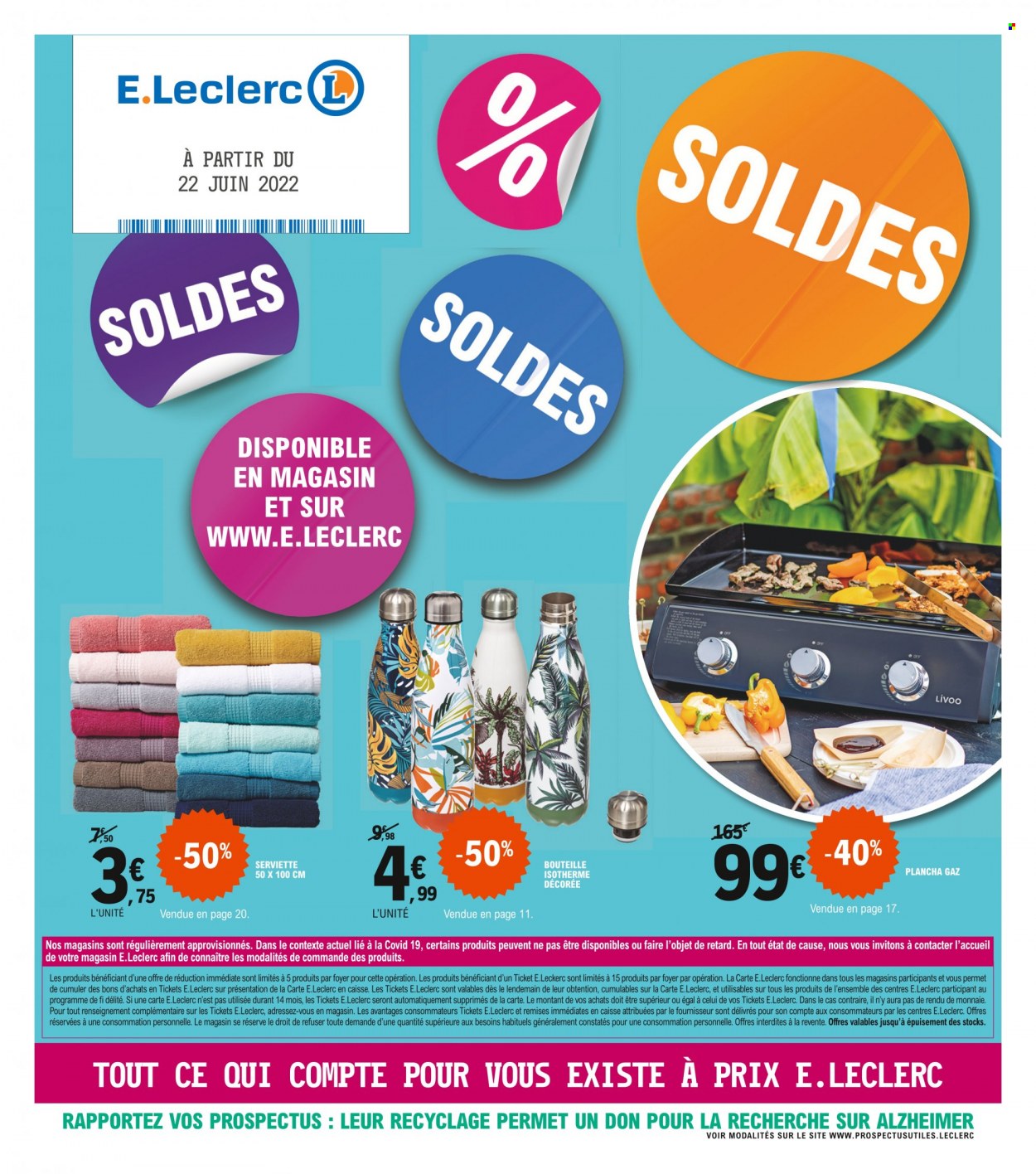 thumbnail - Catalogue E.Leclerc - 22/06/2022 - 02/07/2022 - Produits soldés - serviette, bouteille isotherme, plancha. Page 1.