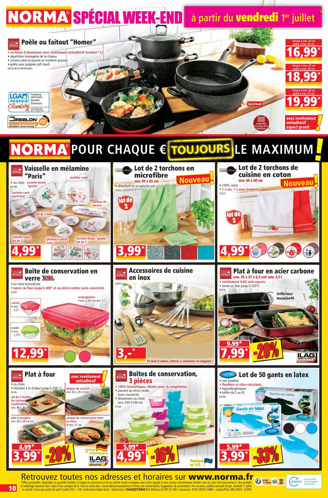 thumbnail - Catalogue Norma - 29/06/2022 - 04/07/2022 - Produits soldés - poêle, tarte, assiette, plat à four, verre, boîte alimentaire, torchon, gants, peluche. Page 10.