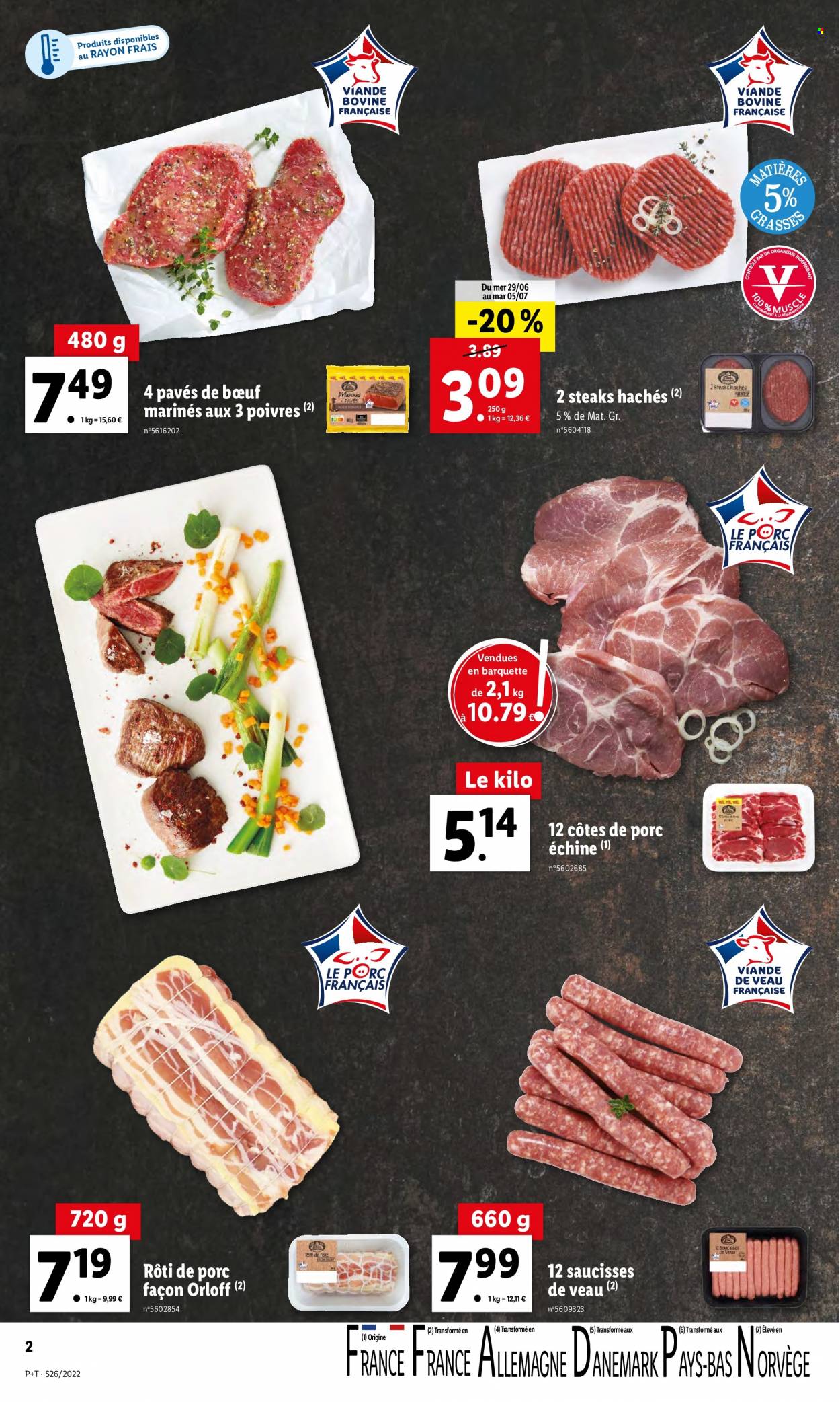 thumbnail - Catalogue Lidl - 29/06/2022 - 05/07/2022 - Produits soldés - côtes de porc, côtes de porc échine, rôti de porc, viande de porc, viande de veau, steak haché, viande hachée, saucisse. Page 2.