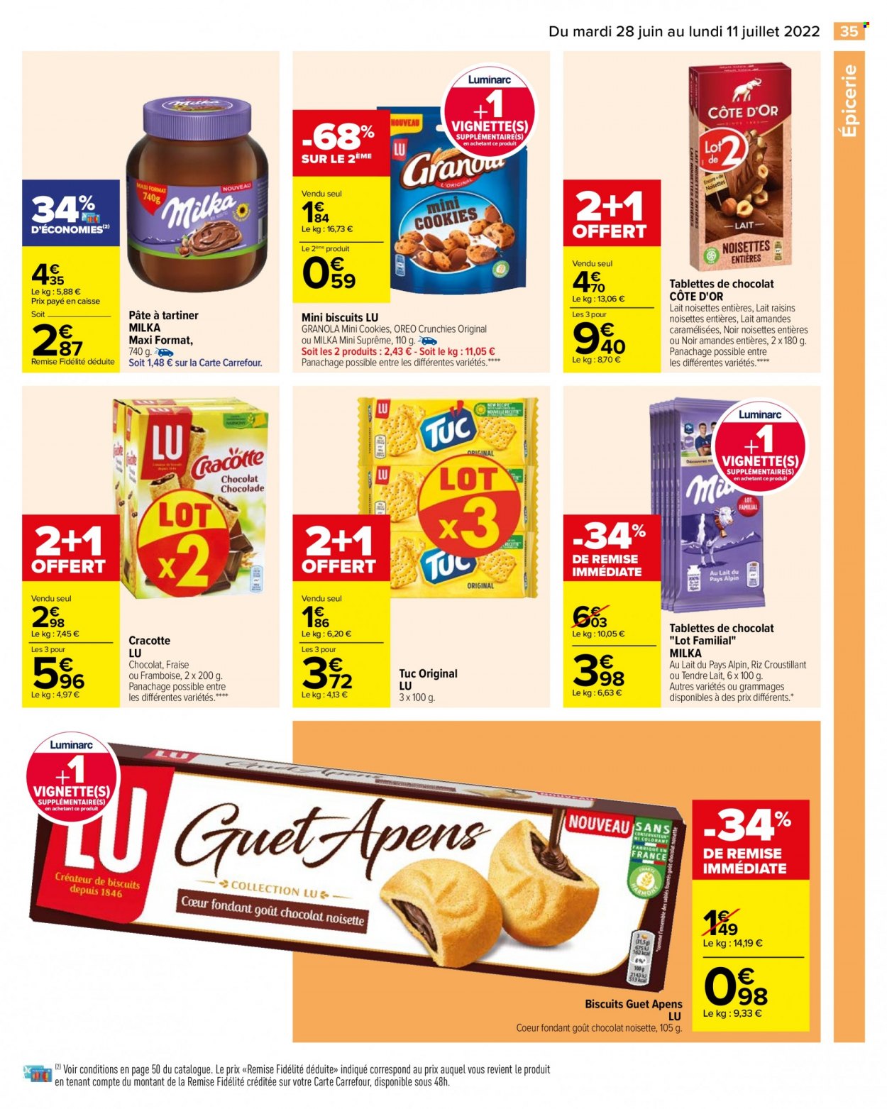 thumbnail - Catalogue Carrefour Hypermarchés - 28/06/2022 - 11/07/2022 - Produits soldés - Milka, Oreo, biscuits, granola, cookies, Côte d'Or, LU, TUC, raisins. Page 37.