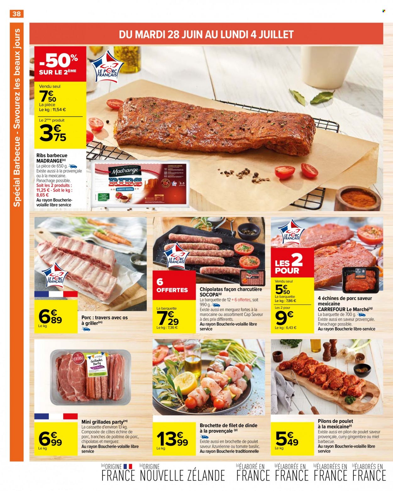 thumbnail - Catalogue Carrefour Hypermarchés - 28/06/2022 - 11/07/2022 - Produits soldés - côtes de porc échine, poitrine de porc, viande de porc, gingembre, viande de poulet, viande de dinde, pilons de poulet, merguez, chipolata, curry, miel, Beaux Jours. Page 40.