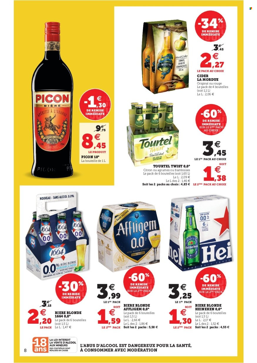 thumbnail - Catalogue HYPER U - 28/06/2022 - 09/07/2022 - Produits soldés - bière, bière blonde, Heineken, 1664, framboises, apéritif. Page 8.