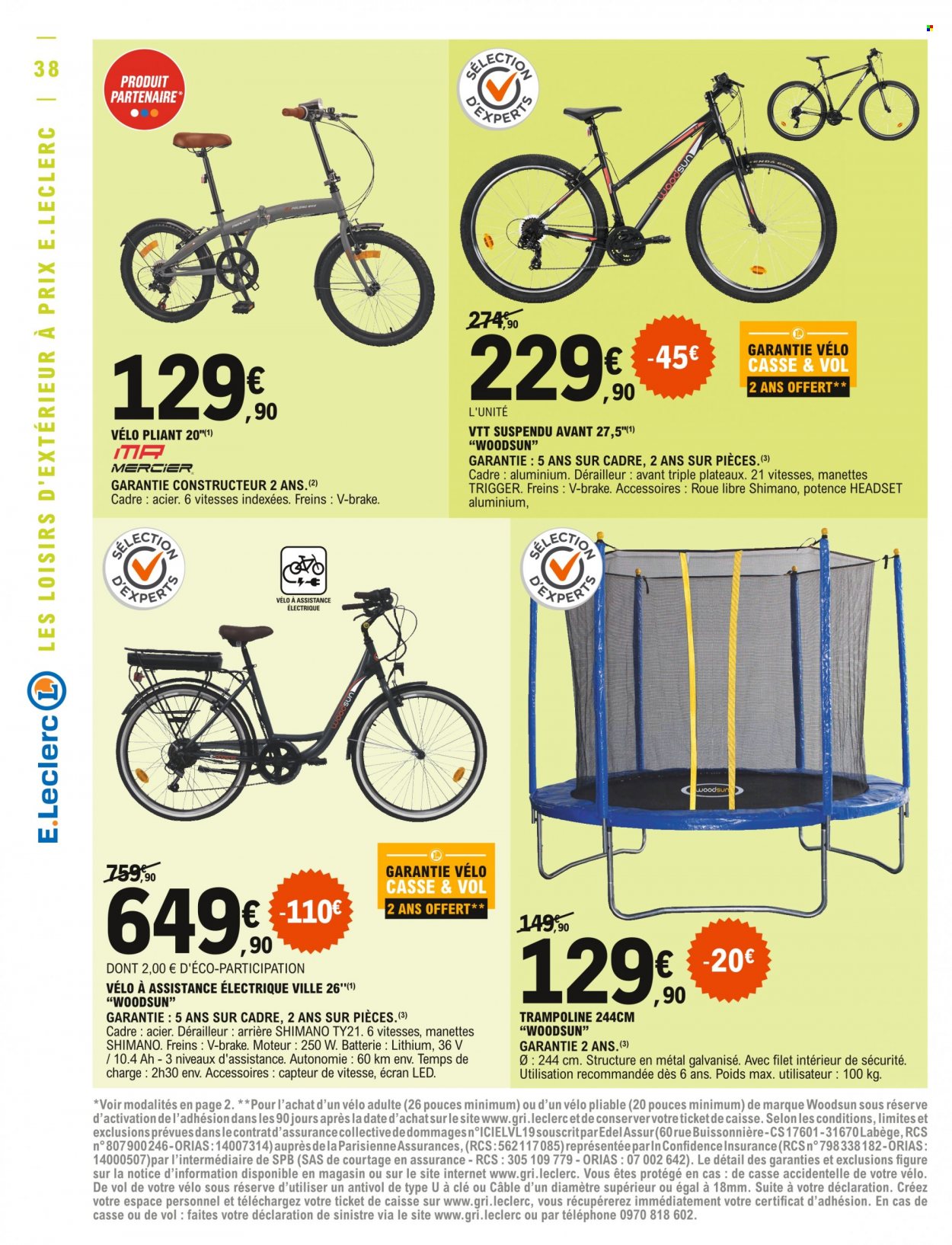 thumbnail - Catalogue E.Leclerc - 28/06/2022 - 09/07/2022 - Produits soldés - vélo pliant, VTT Rockrider, vélo, trampoline. Page 38.