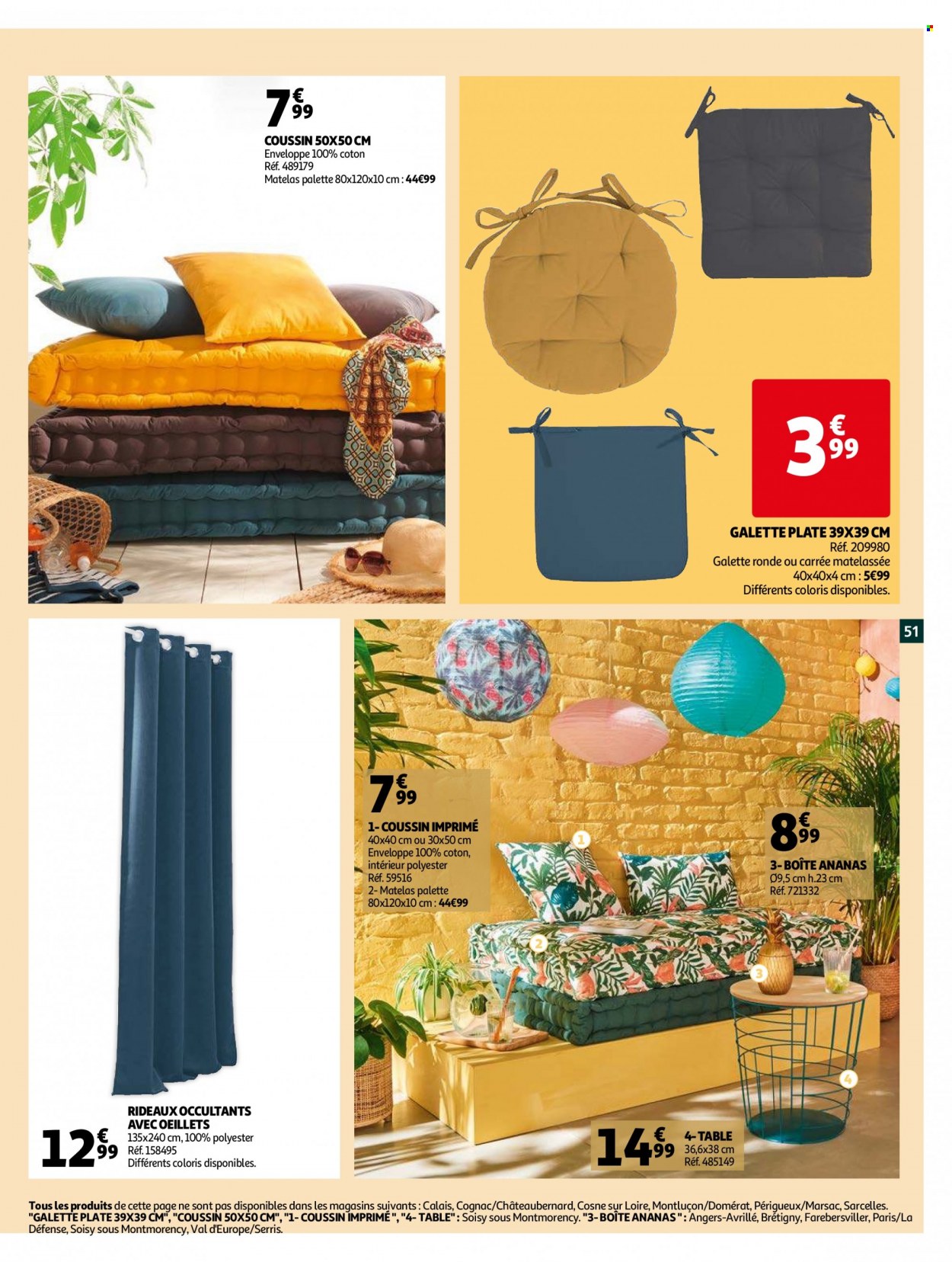 thumbnail - Catalogue Auchan - 29/06/2022 - 05/07/2022 - Produits soldés - table, ananas, galettes, Palette, coussin, rideau, matelas. Page 51.