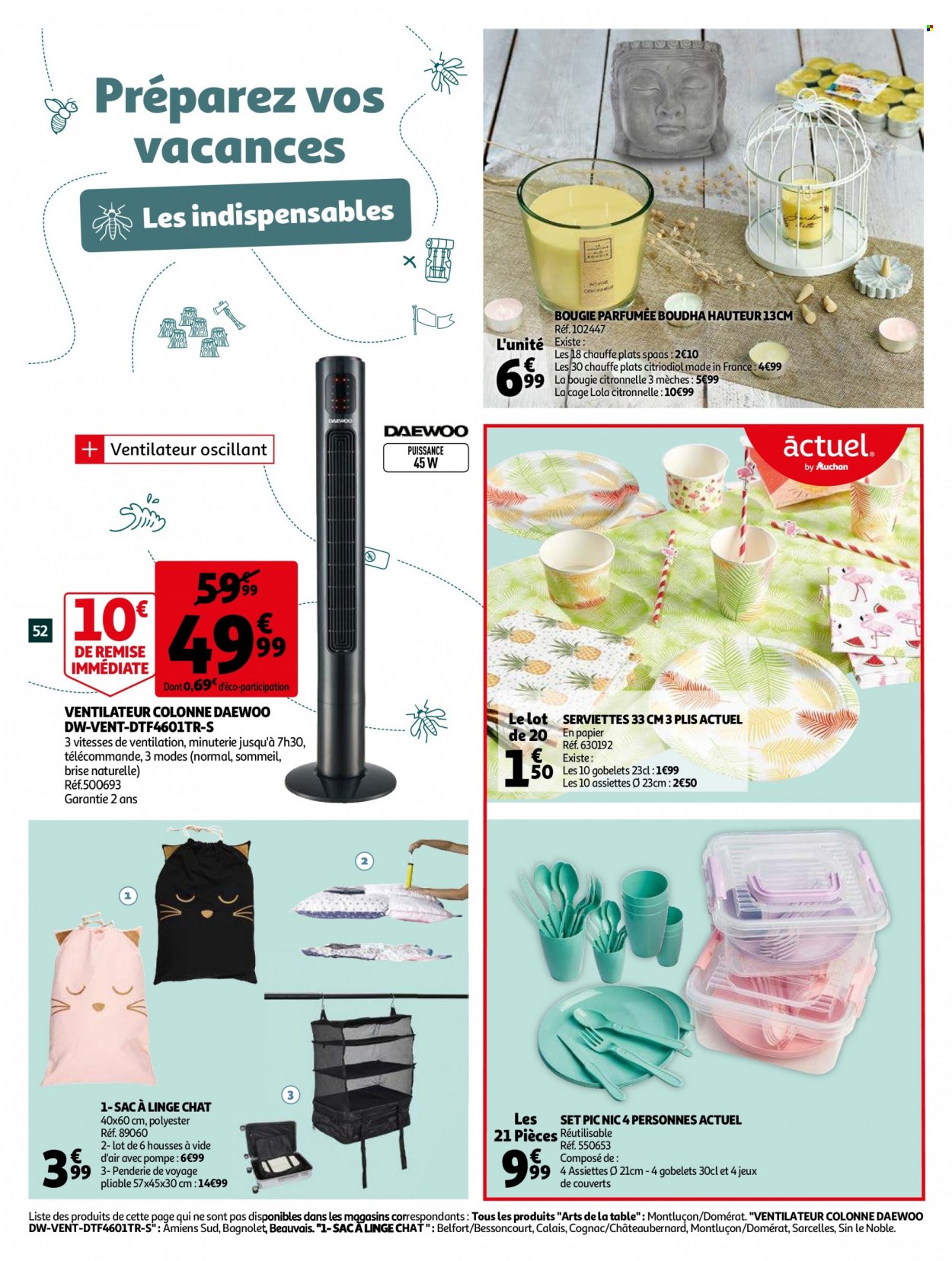thumbnail - Catalogue Auchan - 29/06/2022 - 05/07/2022 - Produits soldés - table, citronnelle, cognac, serviette, mèches, sac à linge, assiette, couverts, bougie, housse, ventilateur. Page 52.