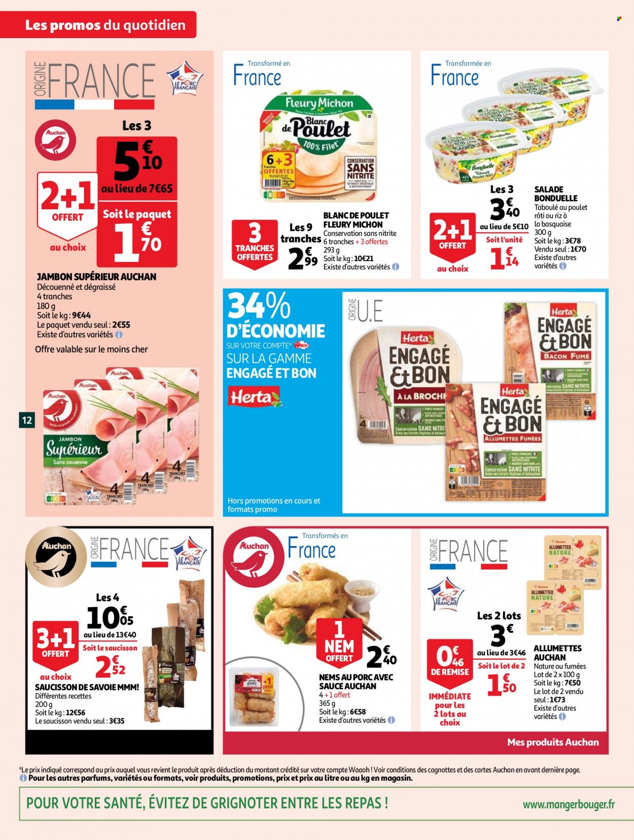 thumbnail - Catalogue Auchan - 29/06/2022 - 05/07/2022 - Produits soldés - salade, Fleury Michon, plat cuisiné, nem, allumettes, Herta, nems, blanc de poulet, bacon, saucisson, Bonduelle. Page 12.