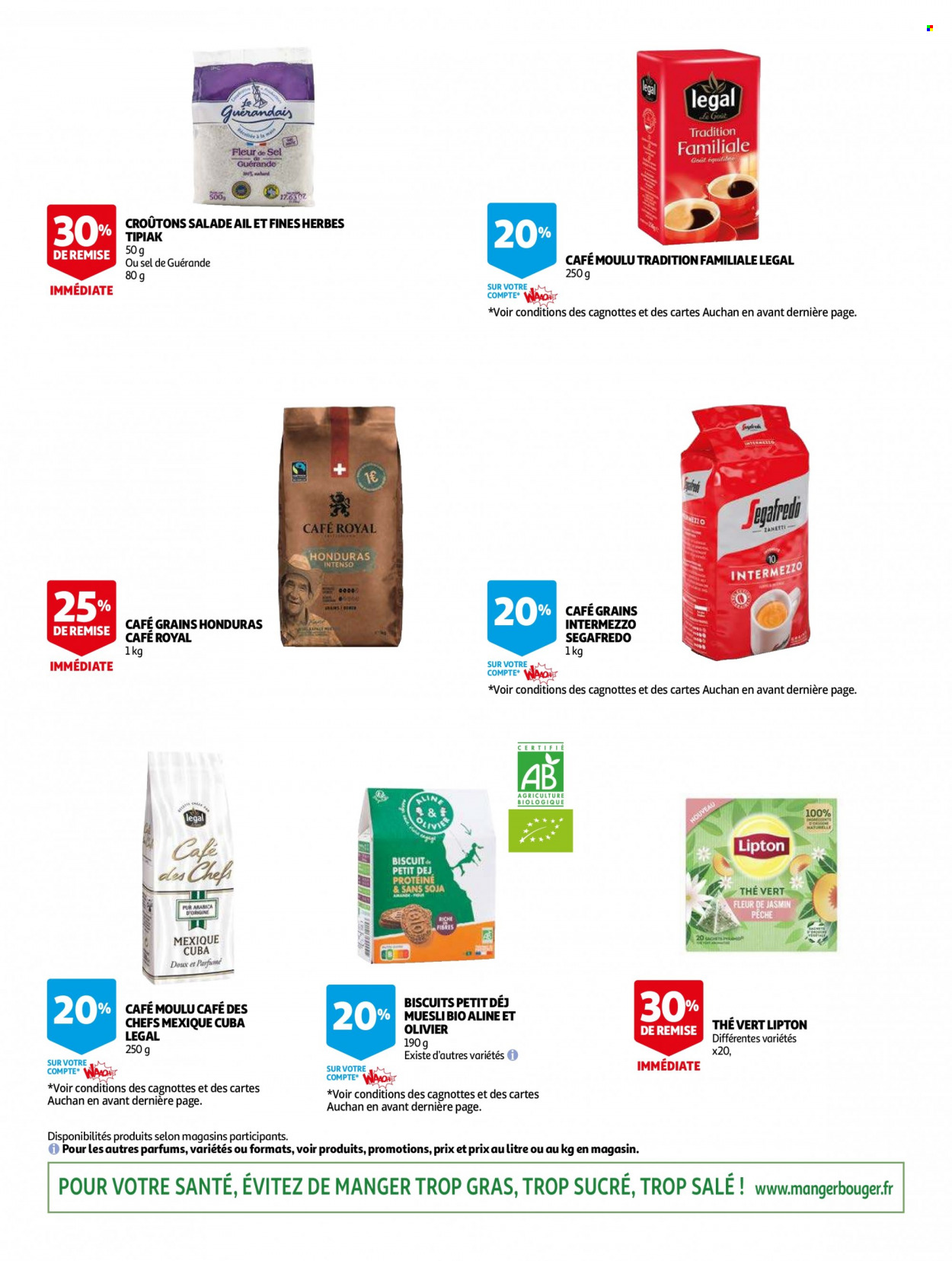 thumbnail - Catalogue Auchan - 29/06/2022 - 12/07/2022 - Produits soldés - pêche, salade, Tipiak, biscuits, céréales, Lipton, thé, thé vert, café, café moulu, Segafredo, olivier. Page 7.