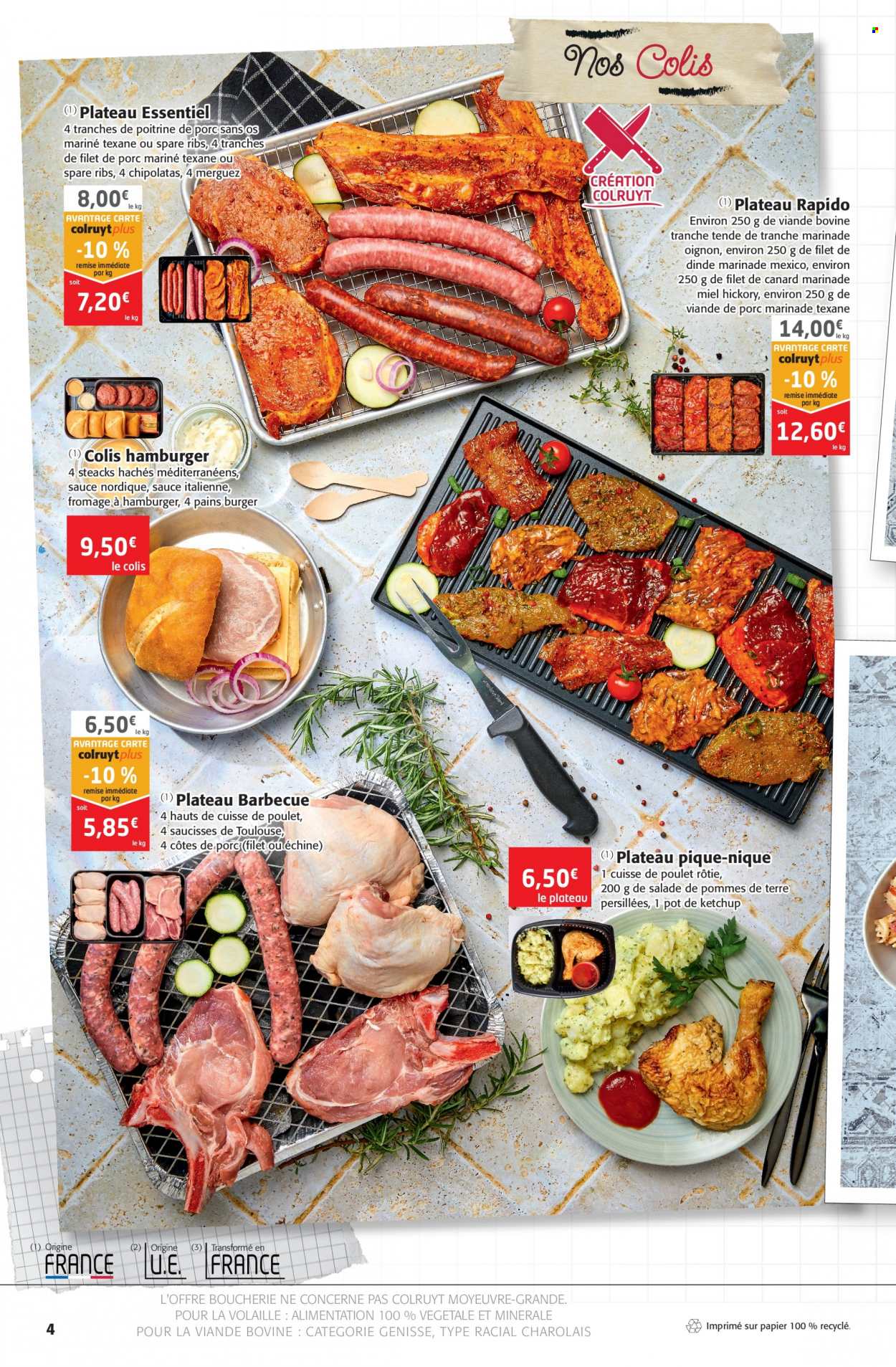thumbnail - Catalogue Colruyt - 29/06/2022 - 03/07/2022 - Produits soldés - côtes de porc, poitrine de porc, viande de poulet, viande de dinde, filet de canard, cuisse de poulet, merguez, saucisse, chipolata, fromage, ketchup. Page 4.
