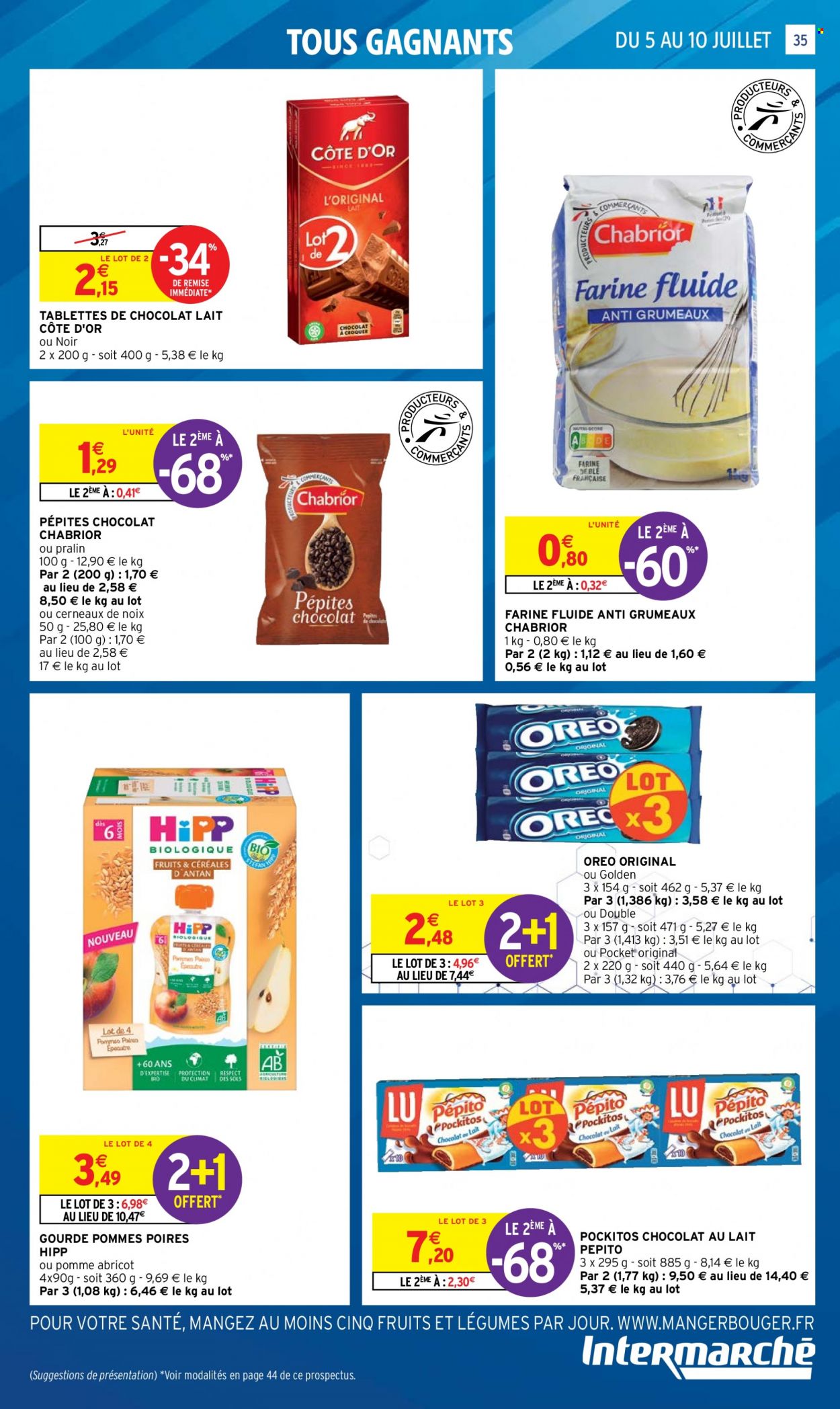 thumbnail - Catalogue Intermarché Hyper - 05/07/2022 - 10/07/2022 - Produits soldés - gourde, poire, Oreo, chocolat, Hipp, chocolat au lait, Côte d'Or, cerneaux de noix. Page 35.