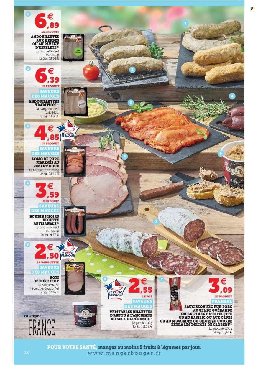 thumbnail - Catalogue Magasins U - 28/06/2022 - 09/07/2022 - Produits soldés - rôti de porc, viande de porc, rillettes, saucisson. Page 12.