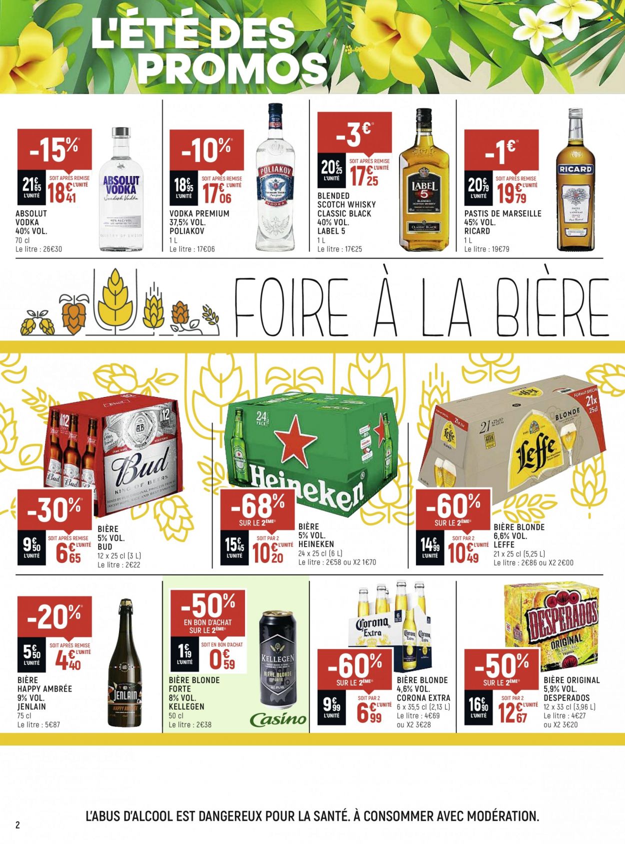thumbnail - Catalogue Spar Supermarché - 29/06/2022 - 10/07/2022 - Produits soldés - Leffe, bière blonde, Corona Extra, Heineken, vodka, whisky, pastis, Poliakov. Page 2.