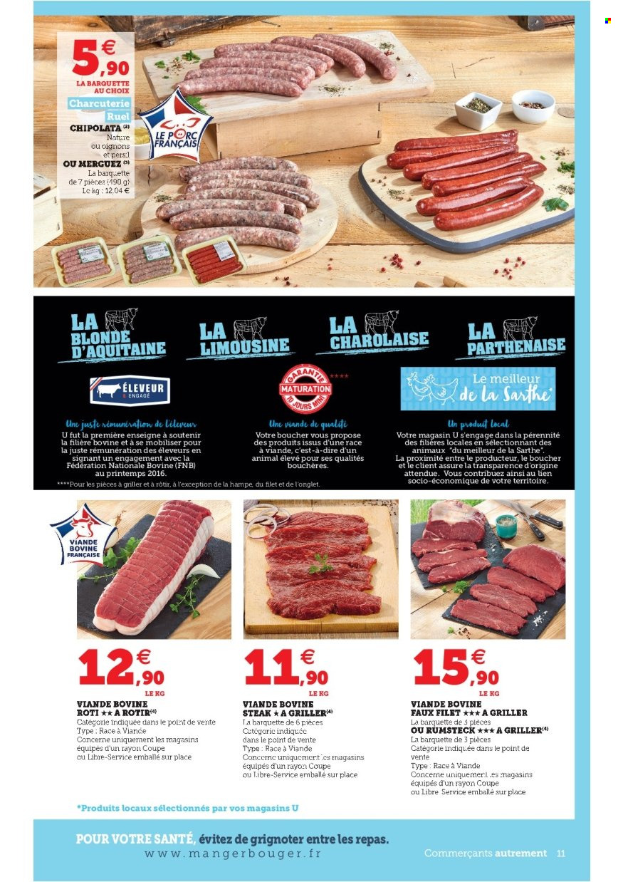 thumbnail - Catalogue Magasins U - 28/06/2022 - 09/07/2022 - Produits soldés - steak, oignons, merguez, chipolata. Page 11.