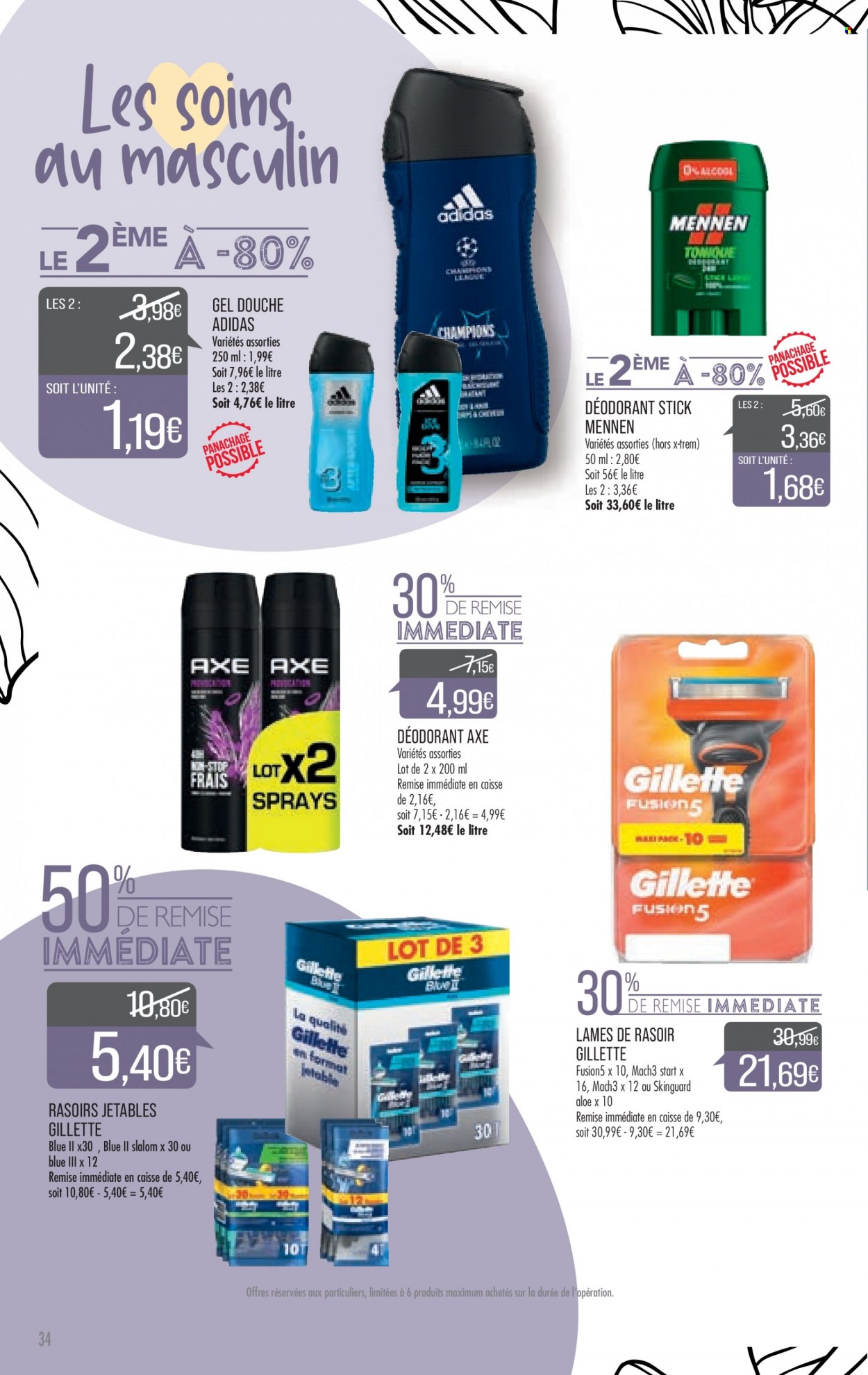 thumbnail - Catalogue Supermarché Match - 28/06/2022 - 10/07/2022 - Produits soldés - Adidas, gel douche, Axe, déodorant, desodorisant, Gillette, lames de rasoir. Page 34.