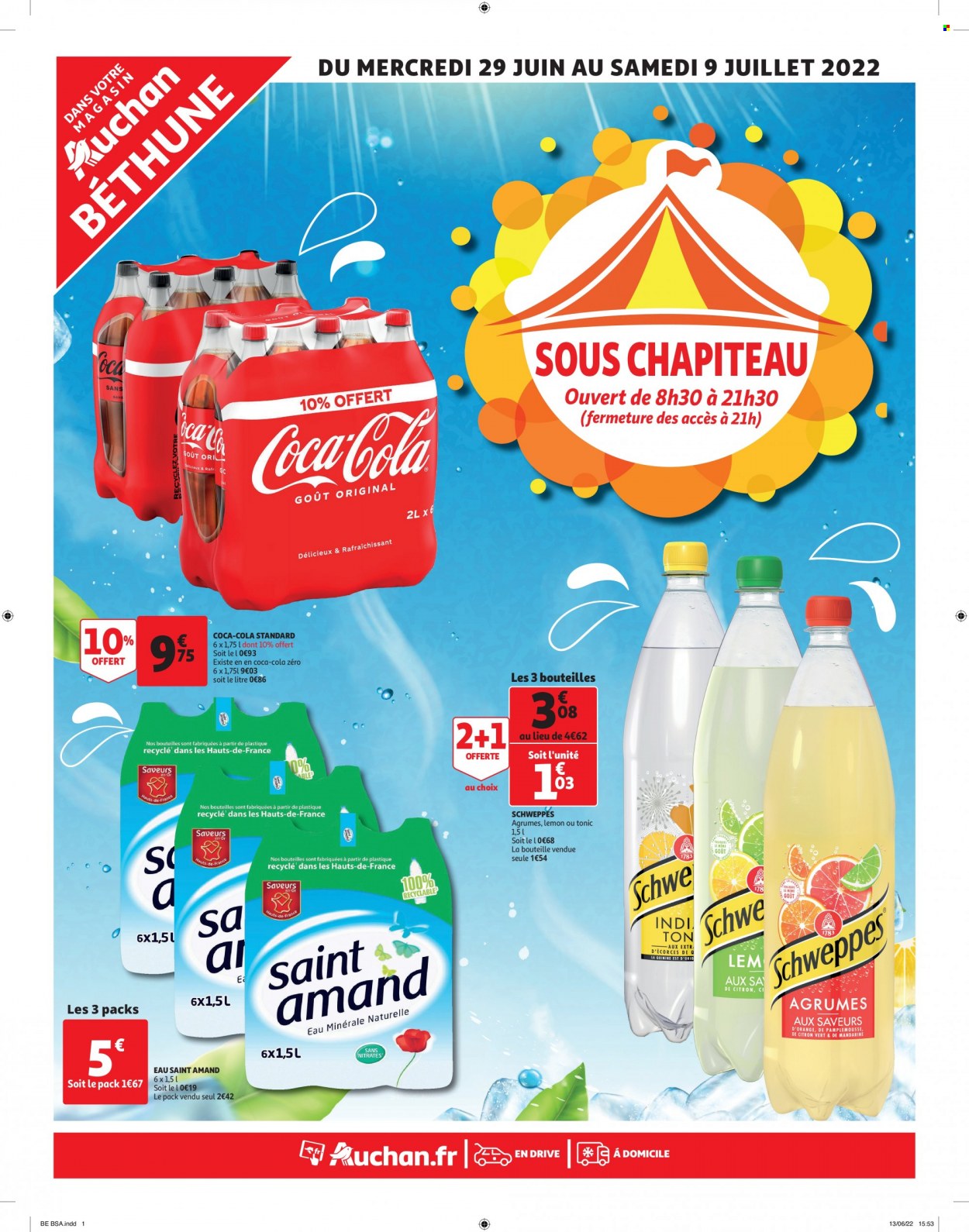 thumbnail - Catalogue Auchan - 29/06/2022 - 09/07/2022 - Produits soldés - mandarines, Coca-Cola, Schweppes, tonic, eau minérale, eau minérale naturelle. Page 1.