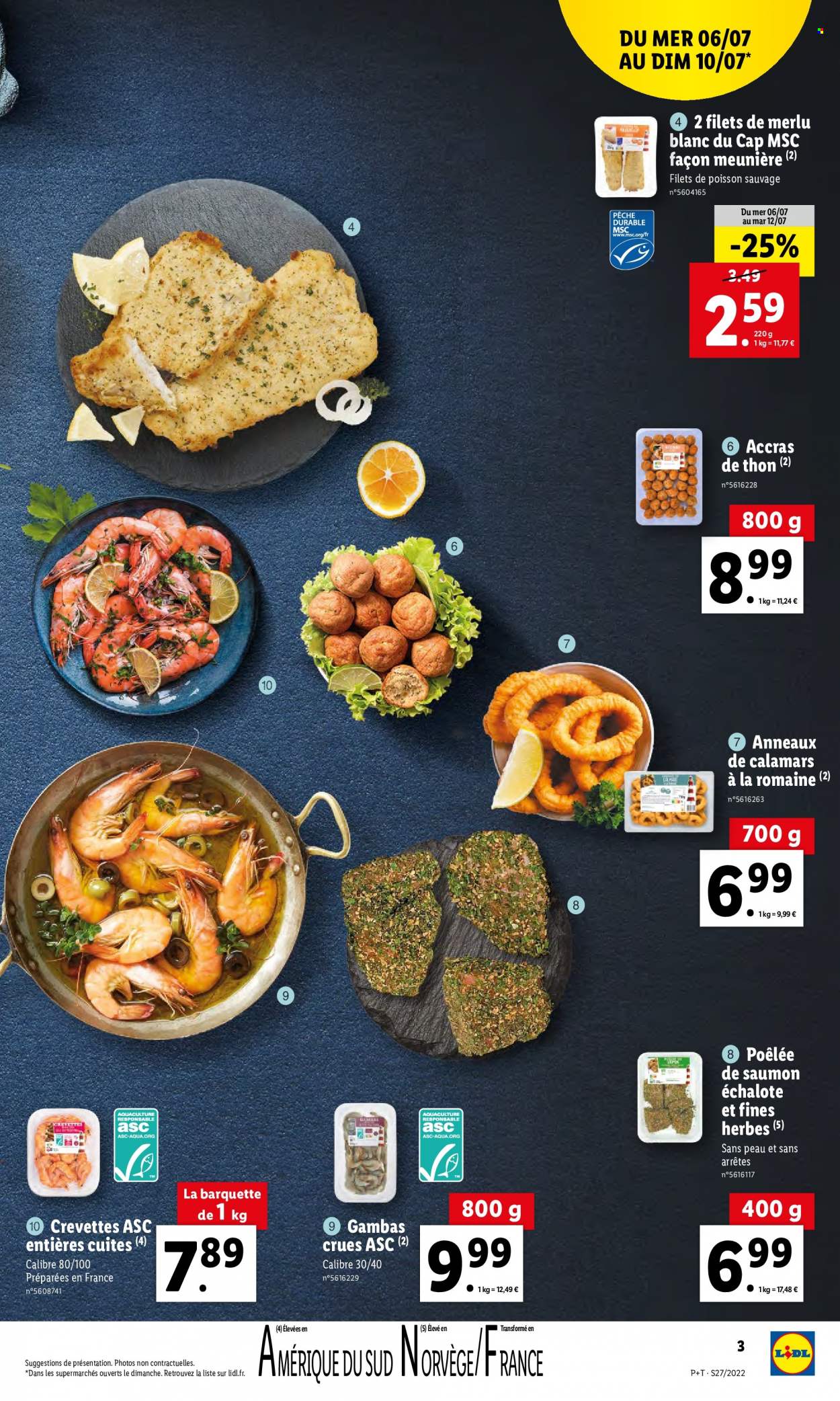 thumbnail - Catalogue Lidl - 06/07/2022 - 12/07/2022 - Produits soldés - saumon, crevettes, thon, merlu, calamars. Page 3.