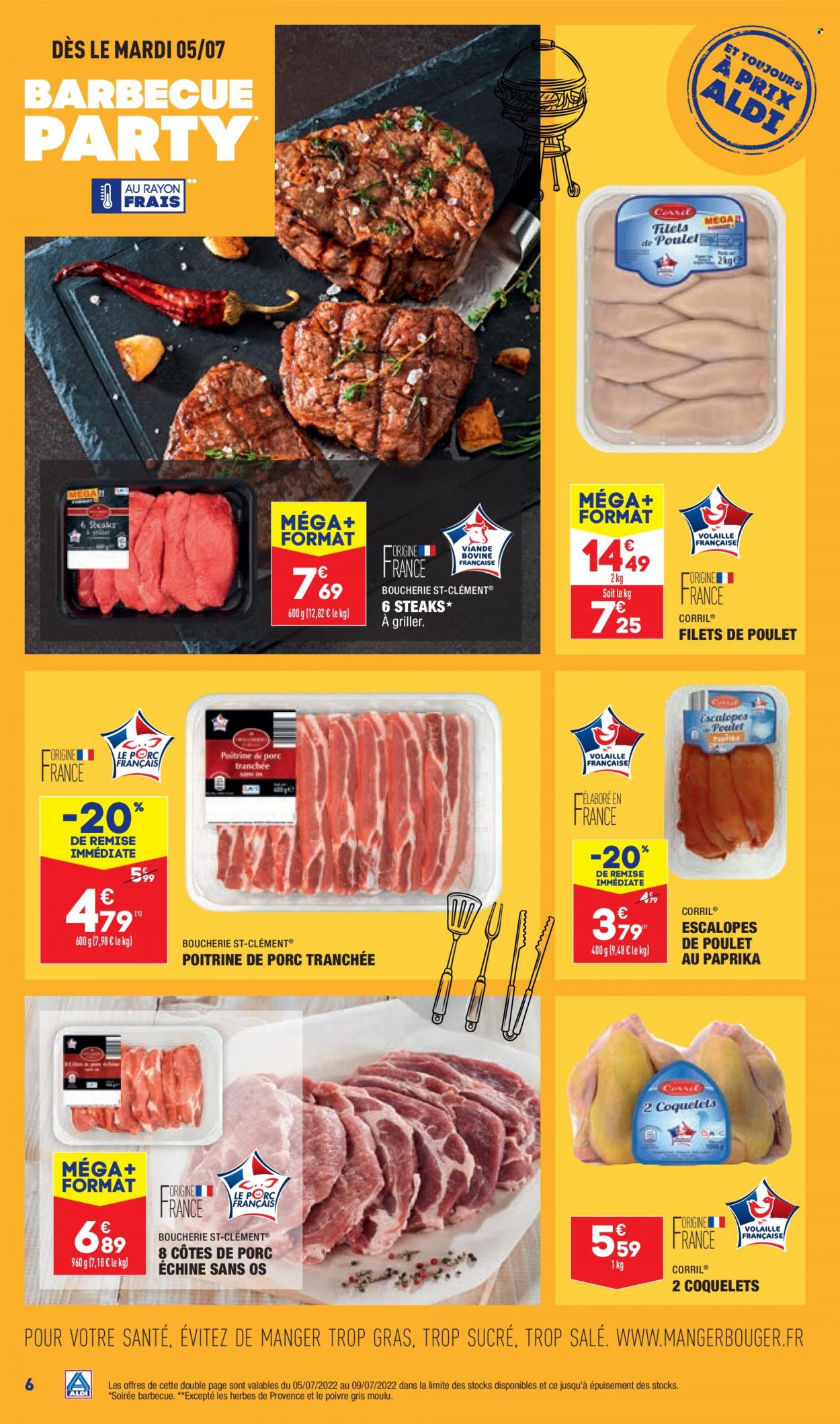 thumbnail - Catalogue ALDI - 05/07/2022 - 11/07/2022 - Produits soldés - steak, côtes de porc, côtes de porc échine, escalope, poitrine de porc, viande de porc, filet de poulet, viande de poulet. Page 8.