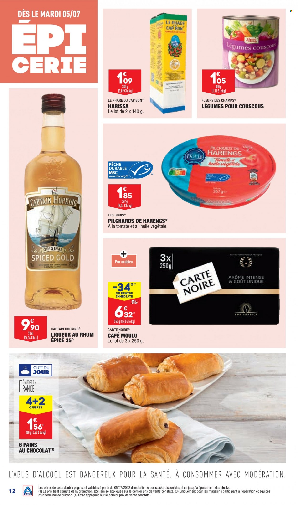 thumbnail - Catalogue ALDI - 05/07/2022 - 11/07/2022 - Produits soldés - pain au chocolat, hareng, harissa, couscous, café, café moulu, Carte Noire, liqueur, fleur. Page 14.