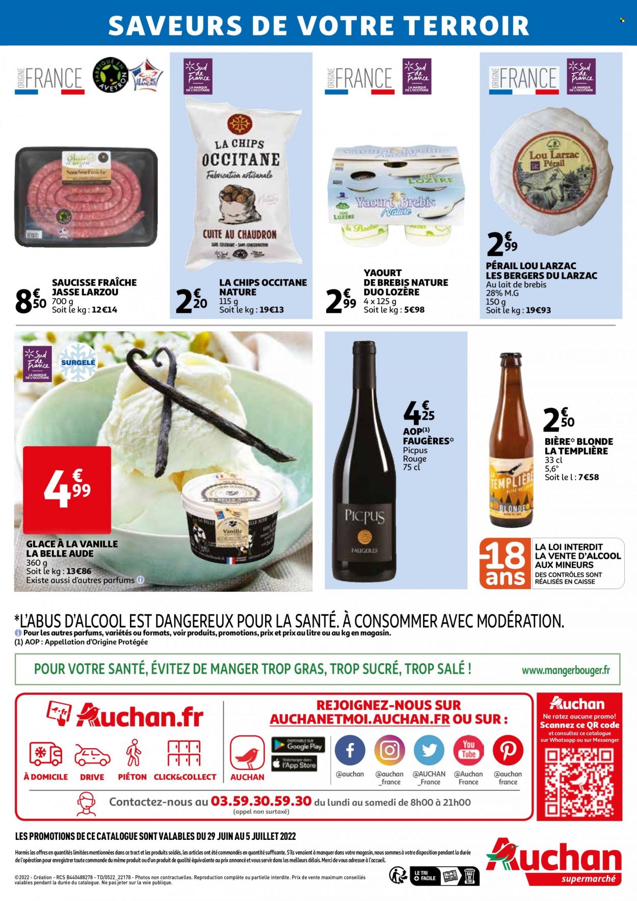 thumbnail - Catalogue Auchan - 29/06/2022 - 05/07/2022 - Produits soldés - bière, bière blonde, saucisse, pérail, yaourt, chips. Page 2.