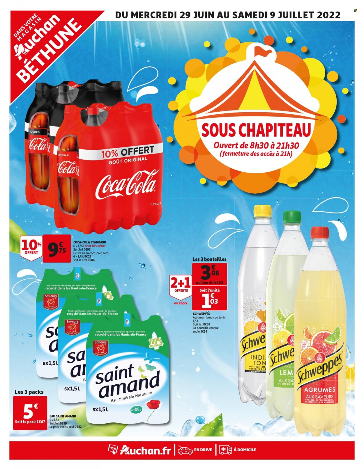 thumbnail - Catalogue Auchan - 29/06/2022 - 09/07/2022 - Produits soldés - mandarines, pamplemousse, Coca-Cola, Schweppes, tonic, eau minérale, eau minérale naturelle. Page 1.