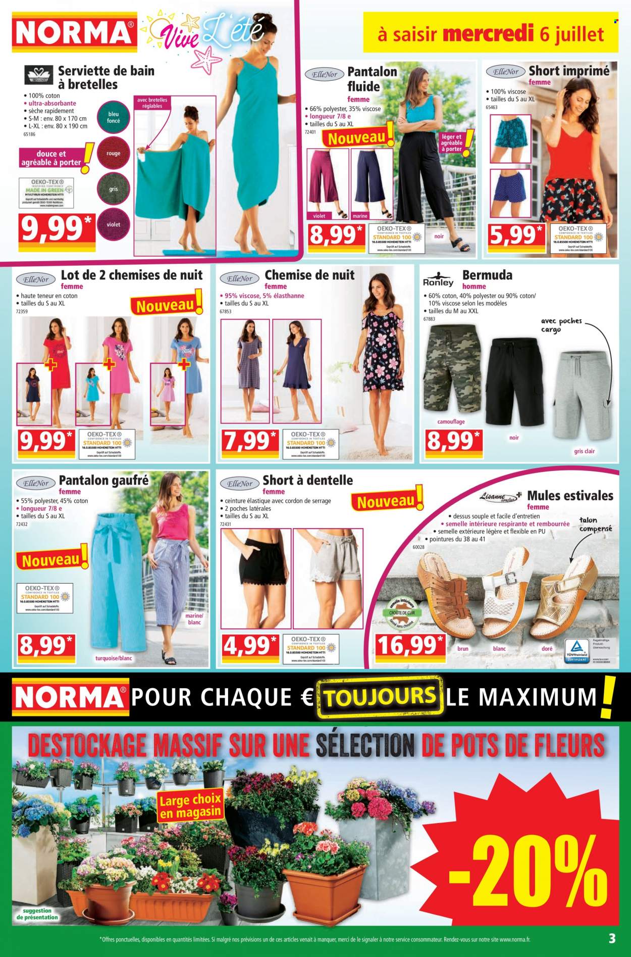 thumbnail - Catalogue Norma - 06/07/2022 - 11/07/2022 - Produits soldés - mules, serviette, shorts, pantalon, chemise, chemise de nuit. Page 3.