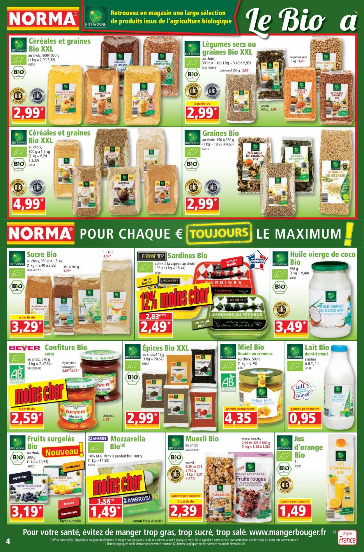thumbnail - Catalogue Norma - 06/07/2022 - 11/07/2022 - Produits soldés - ail, courge, sardines, fromage, mozzarella, lait, jus, huile, huile de noix de coco, confiture, miel, jus d'orange. Page 4.