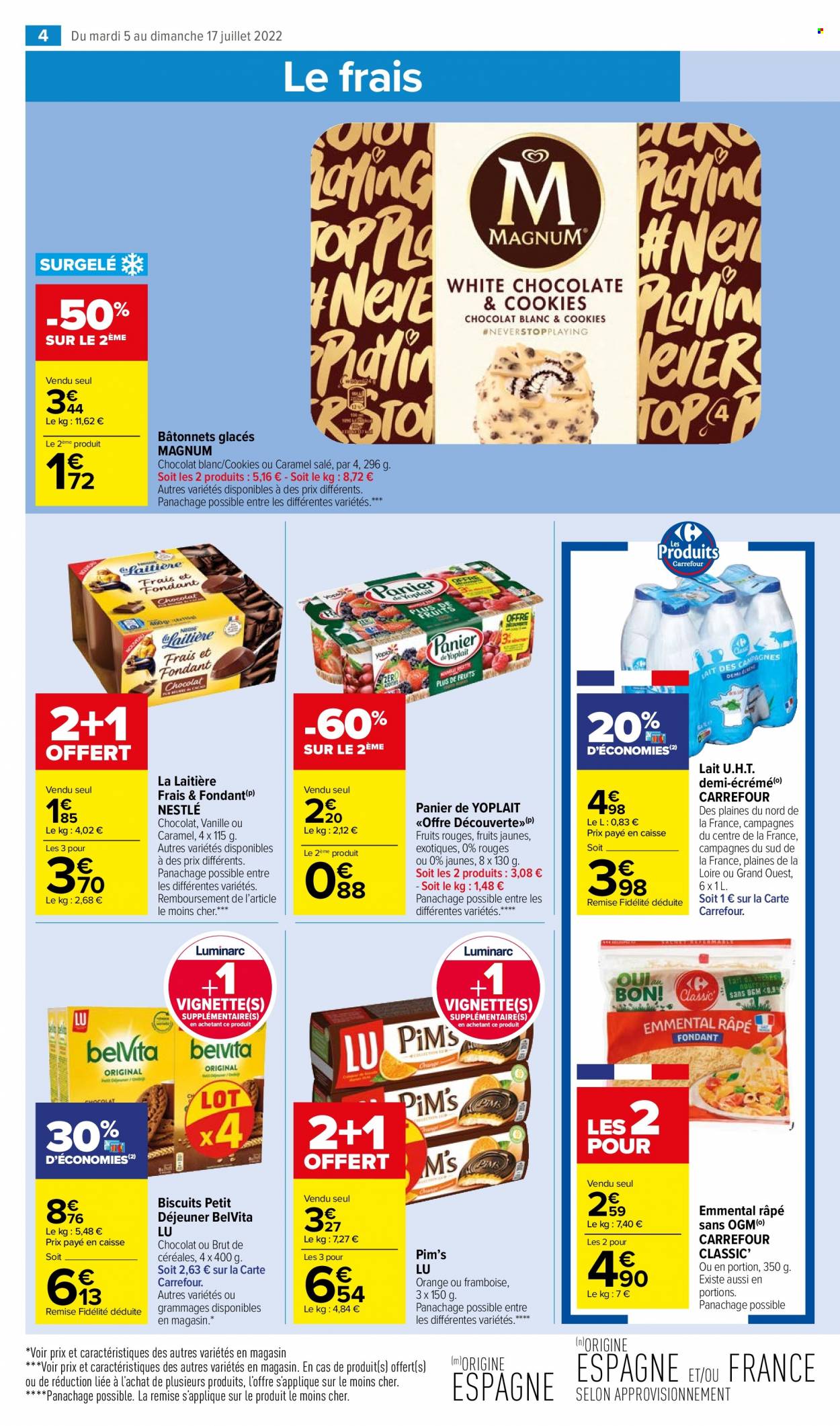 thumbnail - Catalogue Carrefour Market - 05/07/2022 - 17/07/2022 - Produits soldés - emmental, fromage, fromage râpé, yaourt, Nestlé, Yoplait, dessert au lait, lait, biscuits, cookies, LU. Page 4.