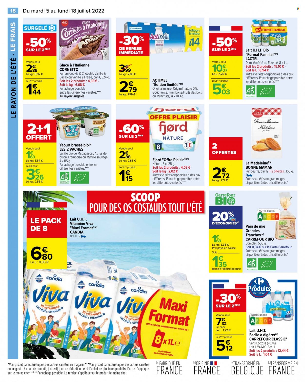 thumbnail - Catalogue Carrefour Hypermarchés - 05/07/2022 - 18/07/2022 - Produits soldés - pain, pain de mie, yaourt, Actimel, Lactel, lait, Candia, glace. Page 20.