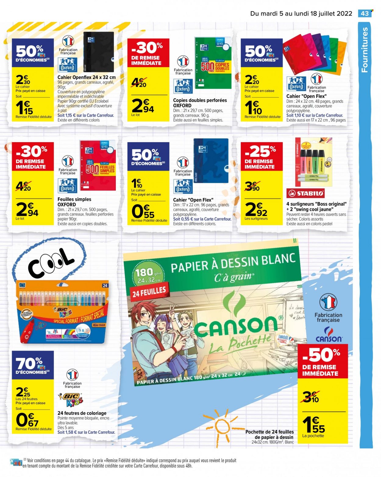 thumbnail - Catalogue Carrefour Hypermarchés - 05/07/2022 - 18/07/2022 - Produits soldés - surligneur, cahier, feutre, coloriage, feuilles simples, plaid. Page 45.