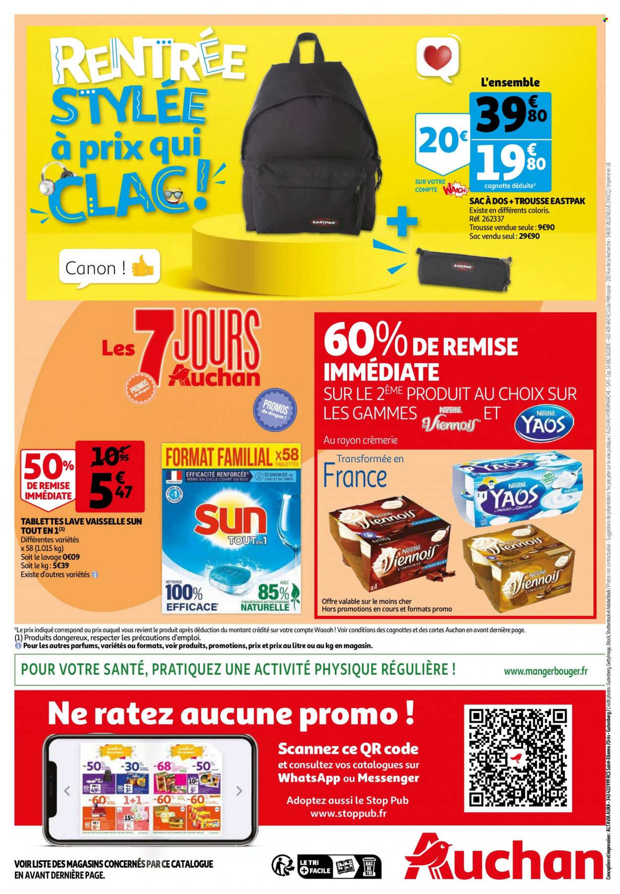 thumbnail - Catalogue Auchan - 06/07/2022 - 12/07/2022 - Produits soldés - yaourt, Nestlé, Yaos, tablettes lave-vaisselle, trousse, Canon, sac à dos. Page 57.