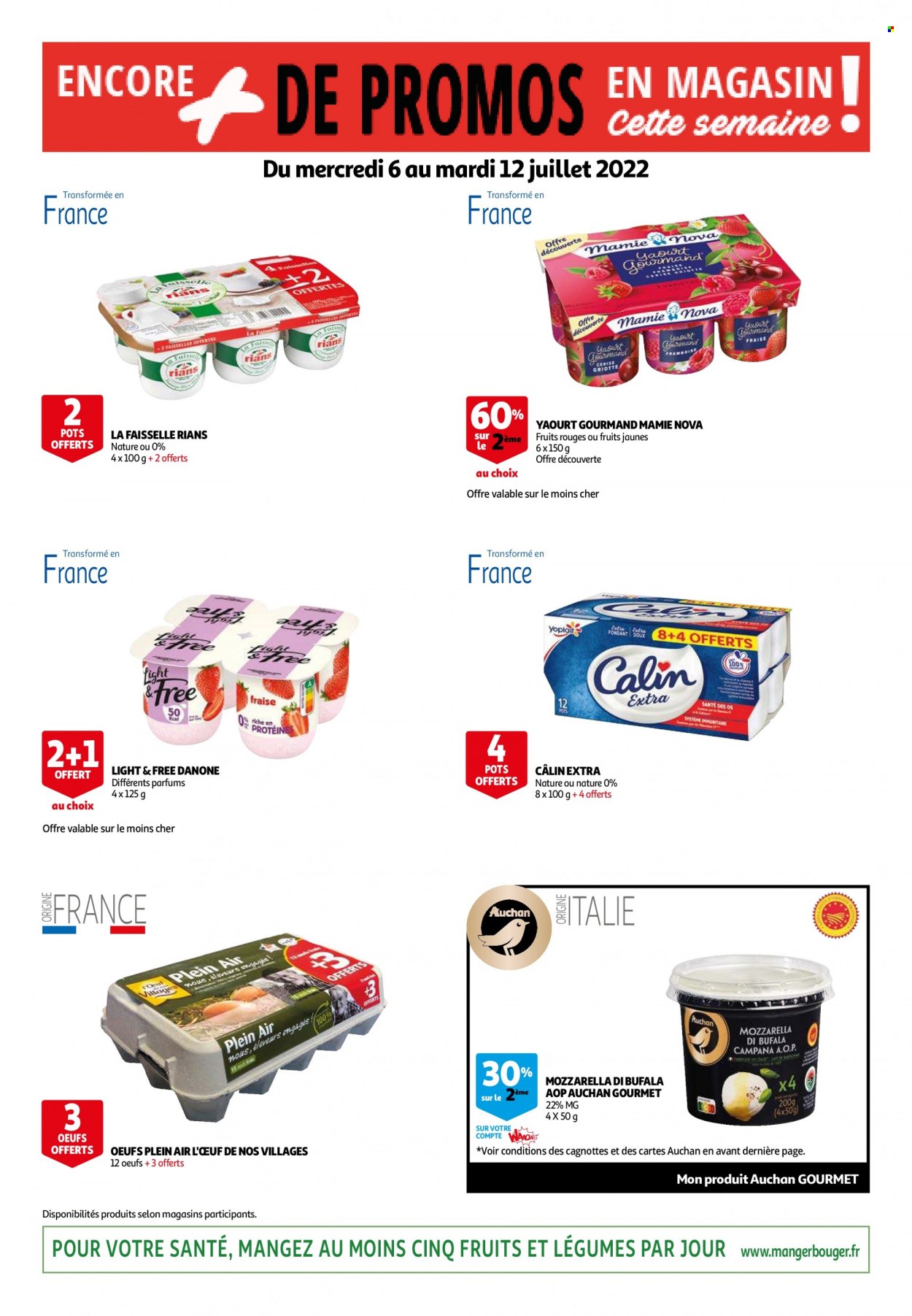 thumbnail - Catalogue Auchan - 06/07/2022 - 12/07/2022 - Produits soldés - fromage, mozzarella, faisselle, yaourt, Danone, Yoplait, Mamie Nova, œufs. Page 59.