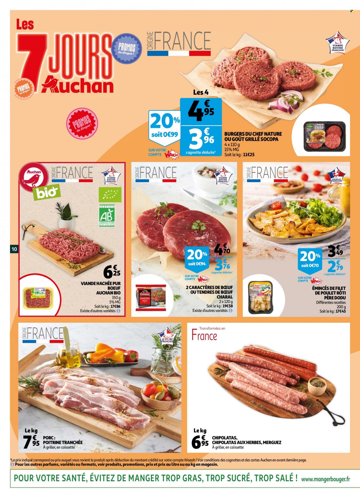 thumbnail - Catalogue Auchan - 06/07/2022 - 12/07/2022 - Produits soldés - filet de poulet, viande de poulet, Père Dodu, viande hachée, poulet rôti, merguez, chipolata. Page 10.
