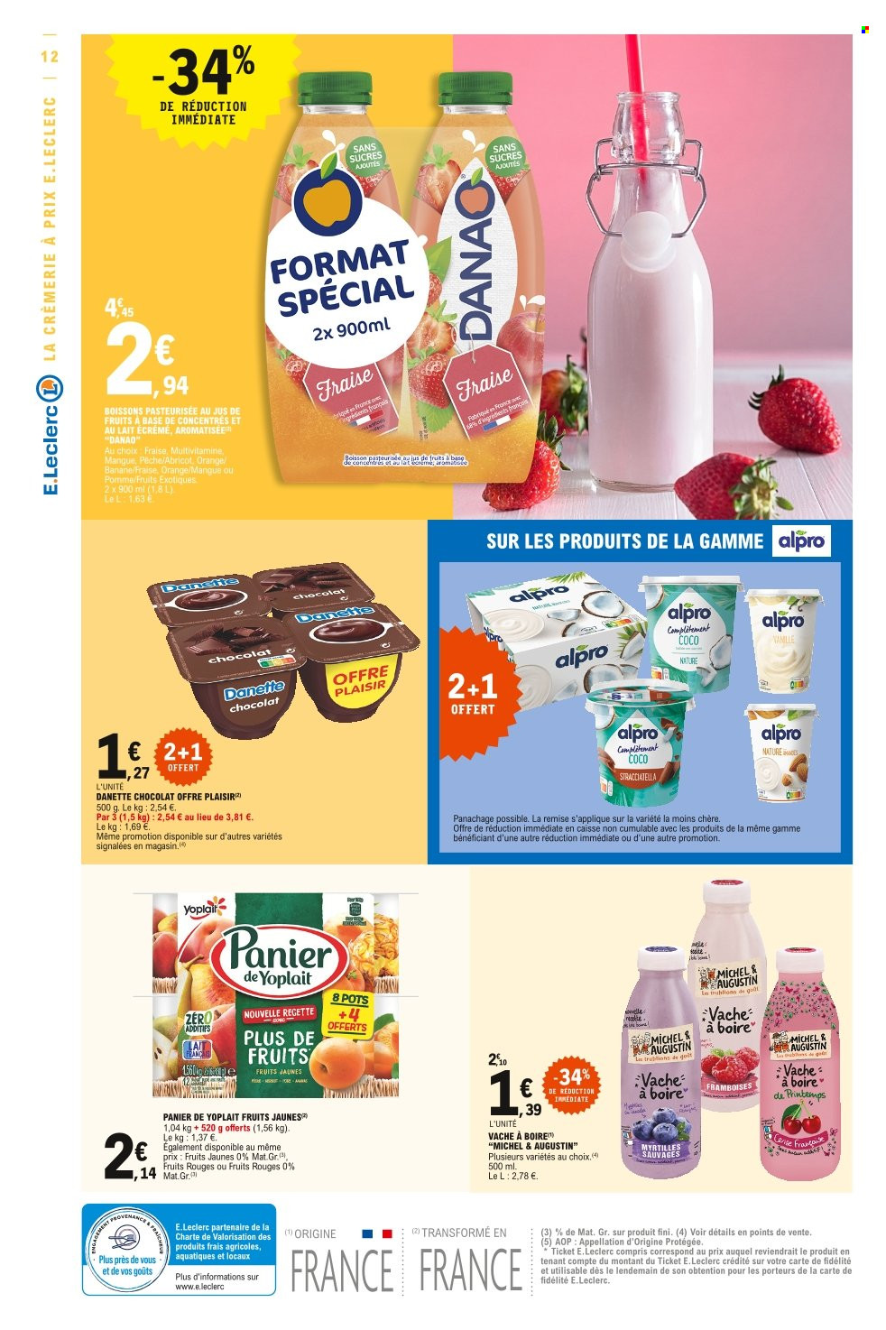thumbnail - Catalogue E.Leclerc - 05/07/2022 - 09/07/2022 - Produits soldés - bananes, yaourt, Danette, Yoplait, Alpro, Danao. Page 12.