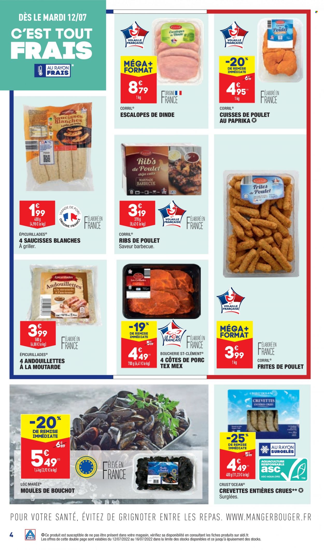 thumbnail - Catalogue ALDI - 12/07/2022 - 18/07/2022 - Produits soldés - côtes de porc, escalope, viande de porc, cuisses de poulet, viande de poulet, viande de dinde, escalope de dinde, crevettes, moules, saucisse, frites. Page 6.