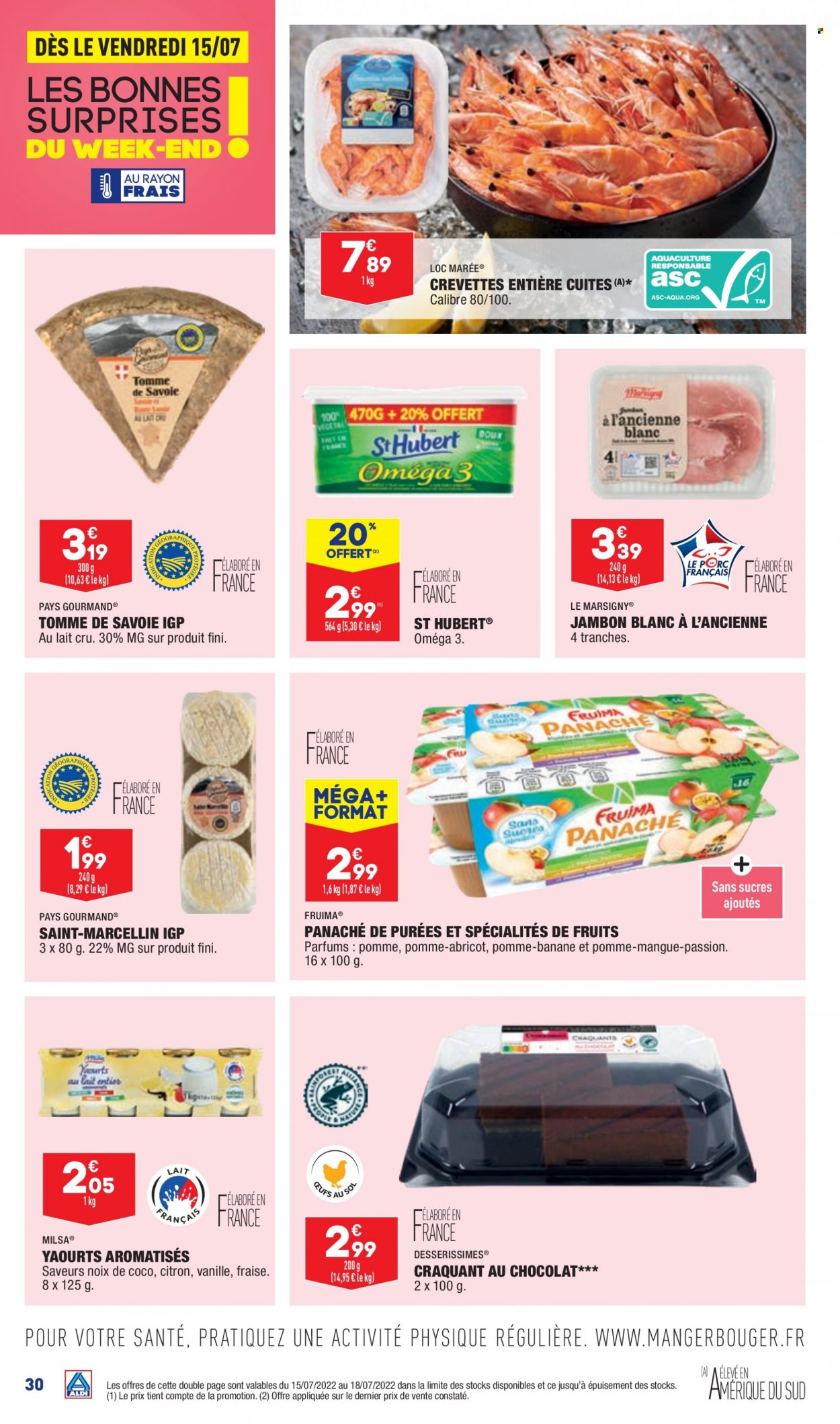 thumbnail - Catalogue ALDI - 12/07/2022 - 18/07/2022 - Produits soldés - bananes, crevettes, jambon, jambon blanc, Saint Marcellin, yaourt, St Hubert. Page 32.