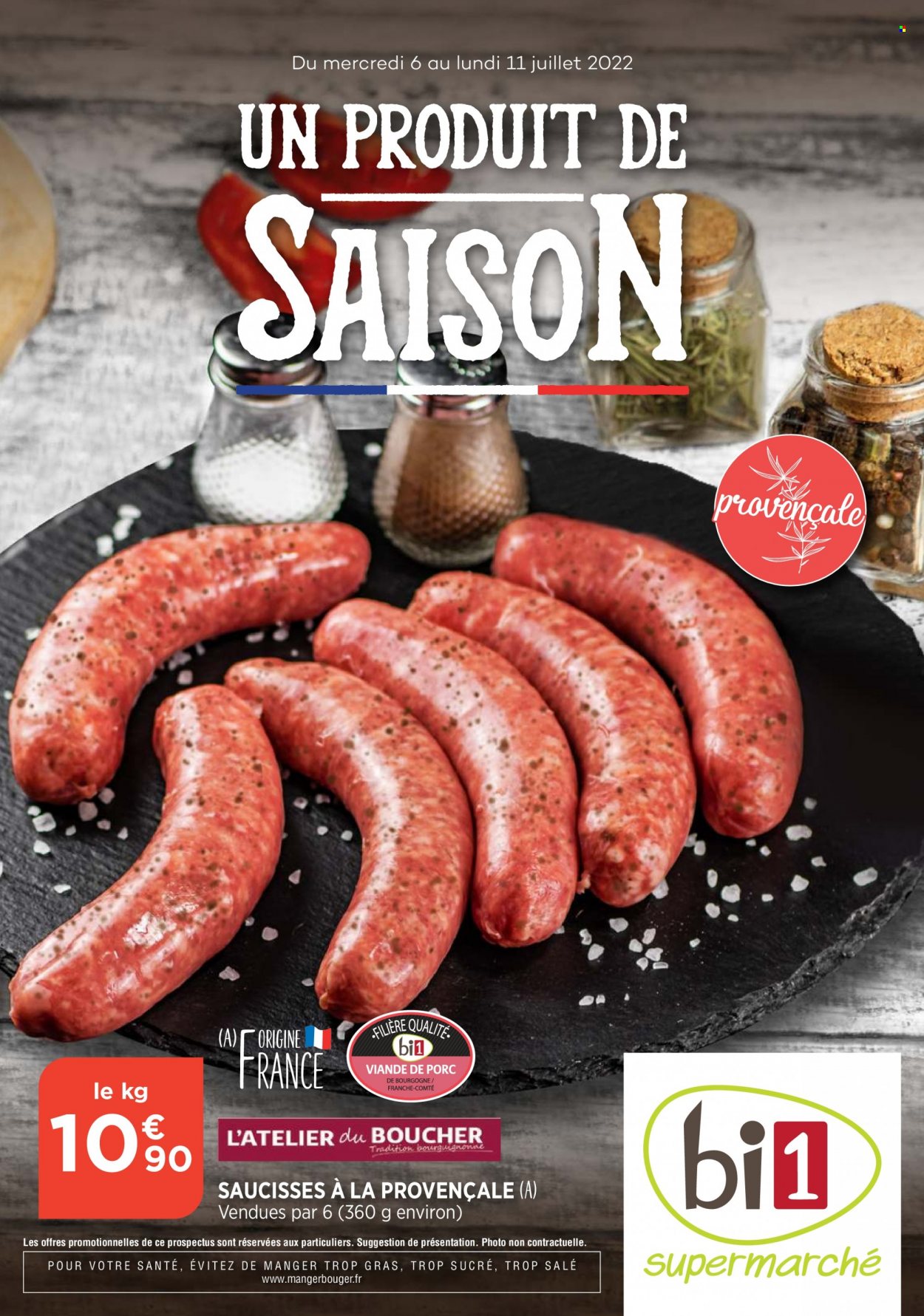 thumbnail - Catalogue Bi1 - 06/07/2022 - 11/07/2022 - Produits soldés - viande de porc, saucisse, Comté. Page 1.