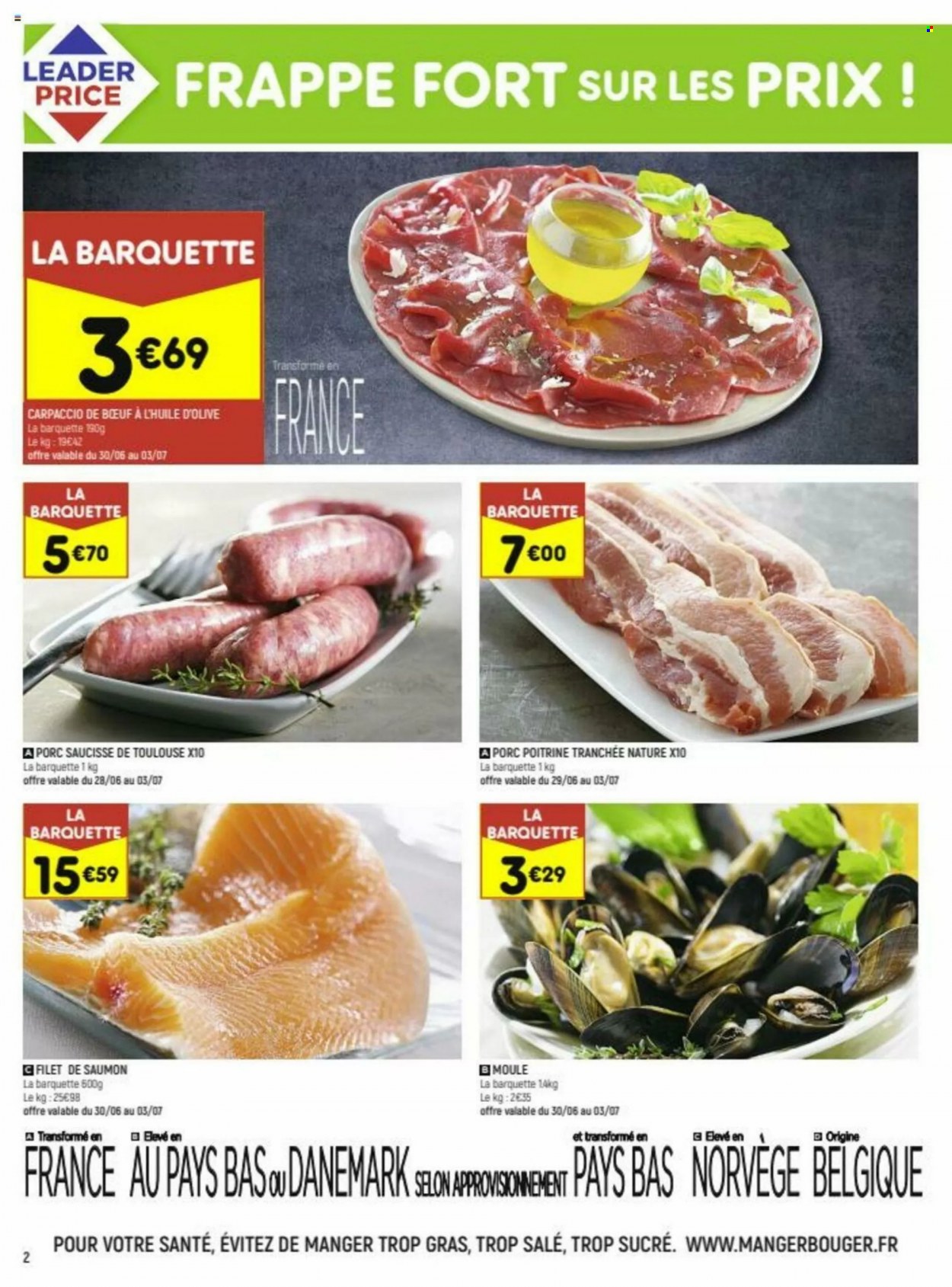 thumbnail - Catalogue Leader Price - 28/06/2022 - 10/07/2022 - Produits soldés - saumon, pavés de saumon, saucisse, huile d'olive. Page 2.