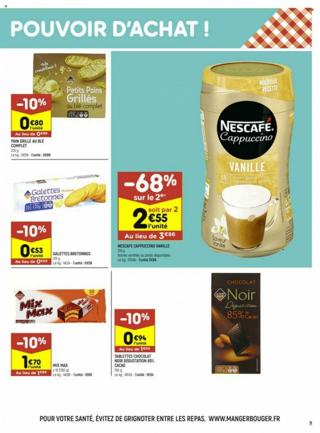thumbnail - Catalogue Leader Price - 28/06/2022 - 10/07/2022 - Produits soldés - galettes, pain croustillant, chocolat, chocolat noir, Nescafé. Page 9.