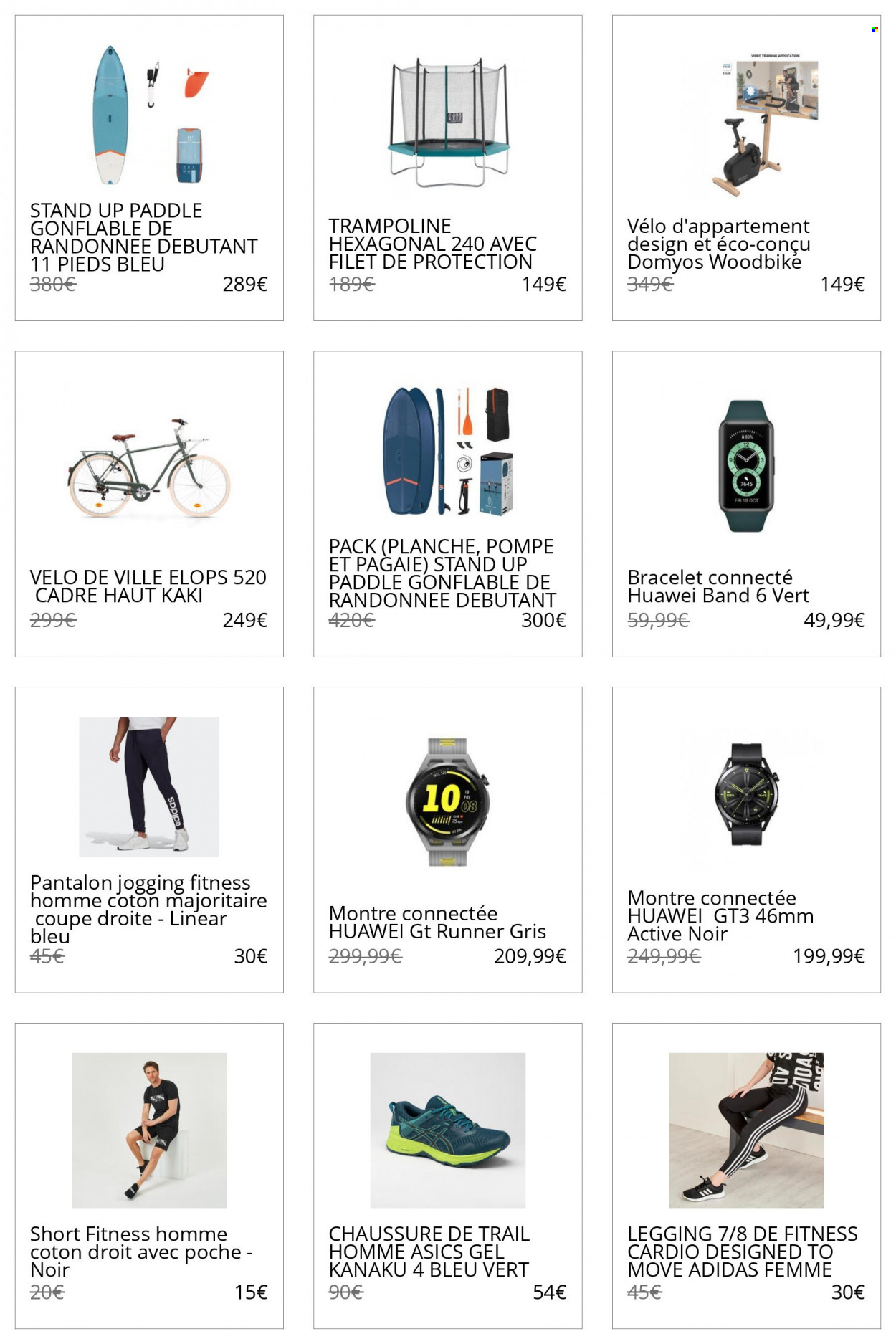 thumbnail - Catalogue Decathlon - Produits soldés - Adidas, Asics, chaussure, Huawei, montre, montre connectée, shorts, pantalon, leggings, bracelet, vélo d'appartement, trampoline. Page 1.