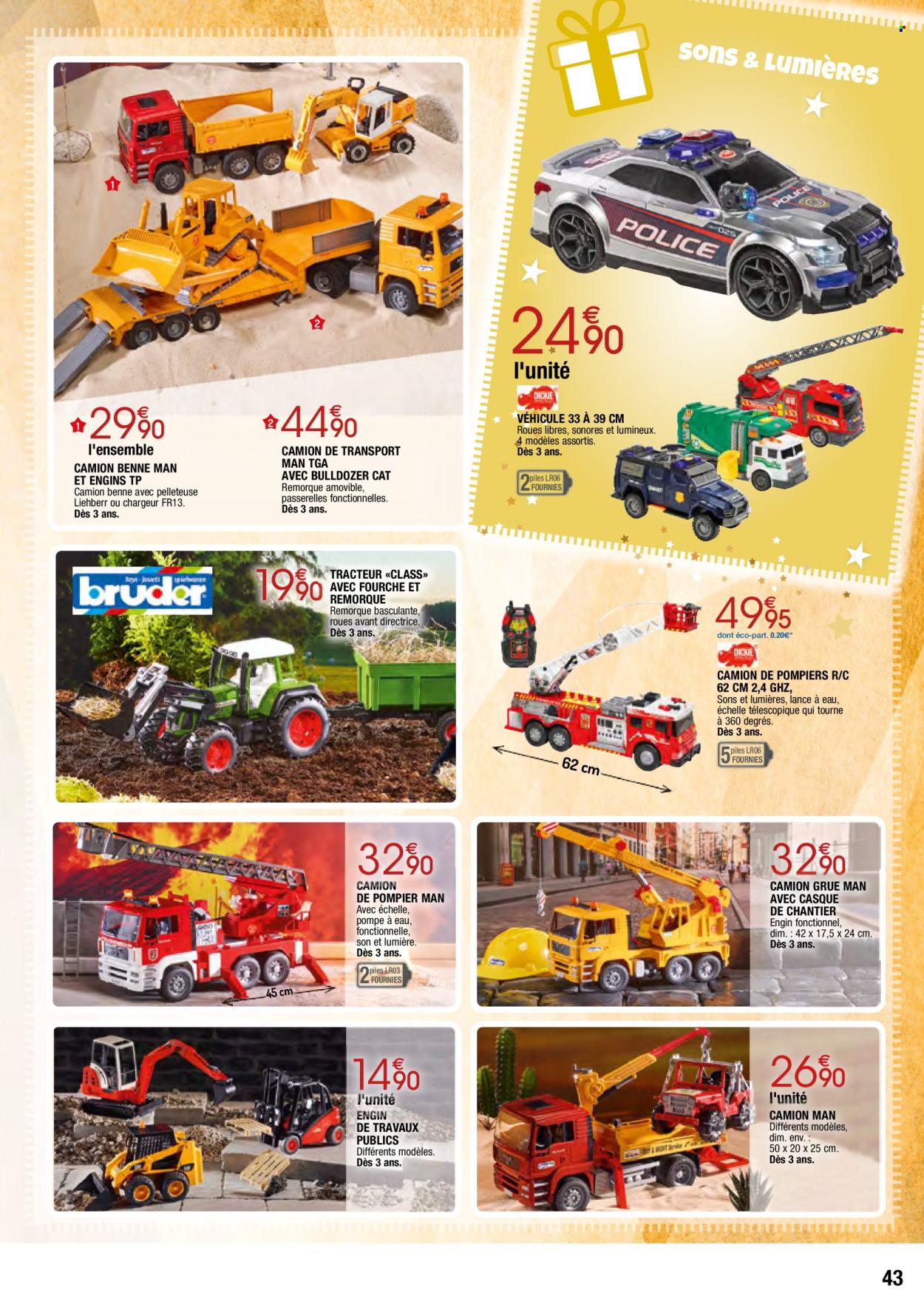 thumbnail - Catalogue Migros France - 17/10/2022 - 07/12/2022 - Produits soldés - casque, remorque, camion, camion de pompiers, grue, échelle télescopique, tracteur, pompe à eau. Page 43.
