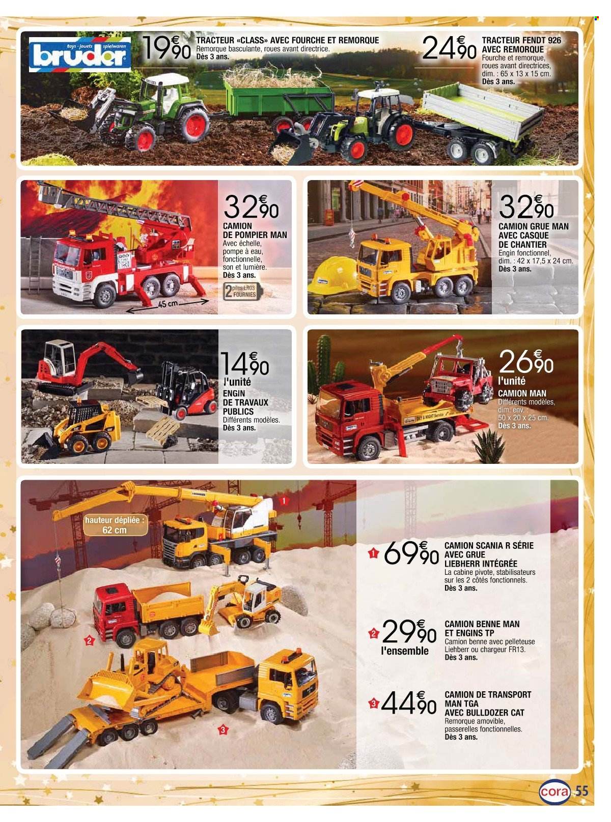 thumbnail - Catalogue Cora - 25/10/2022 - 07/12/2022 - Produits soldés - casque, remorque, Liebherr, camion, grue, tracteur, pompe à eau. Page 55.