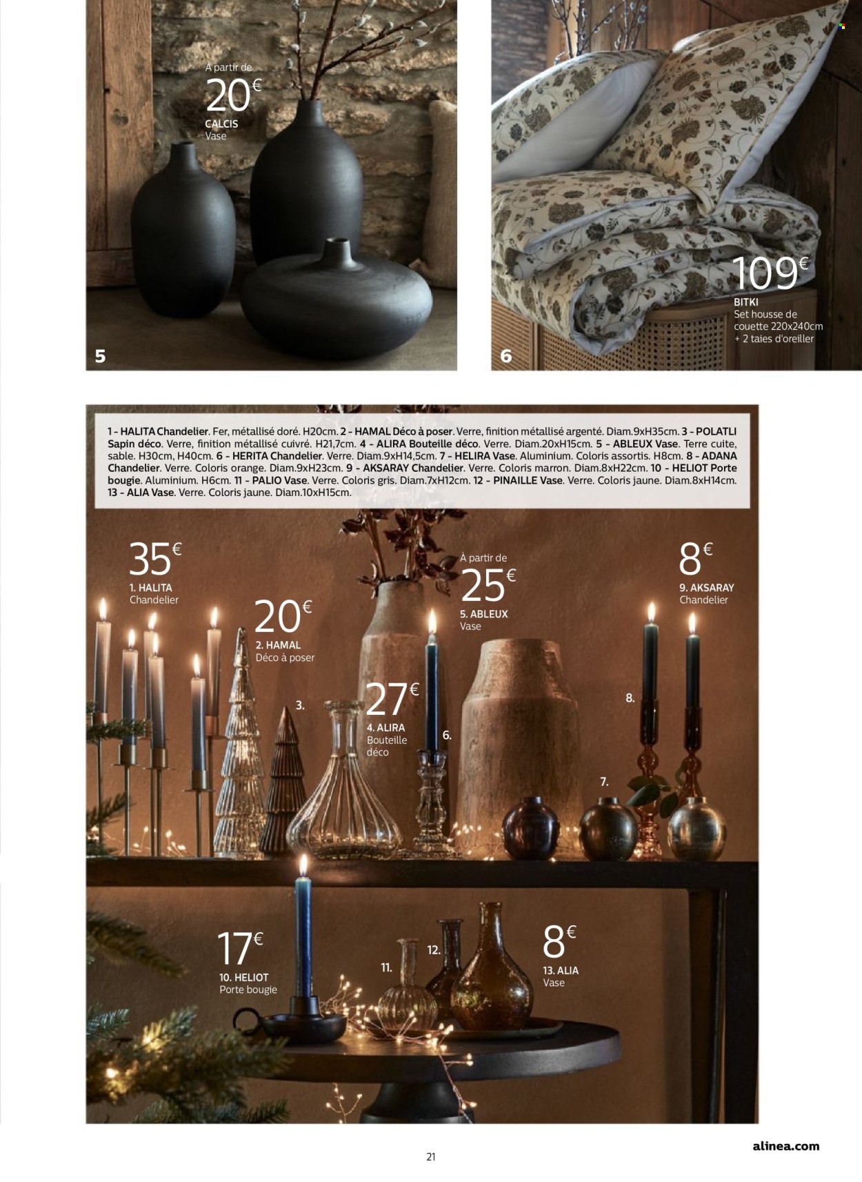 thumbnail - Catalogue alinea - Produits soldés - verre, bougie, couette, housse de couette, taie, vase, chandelier. Page 21.