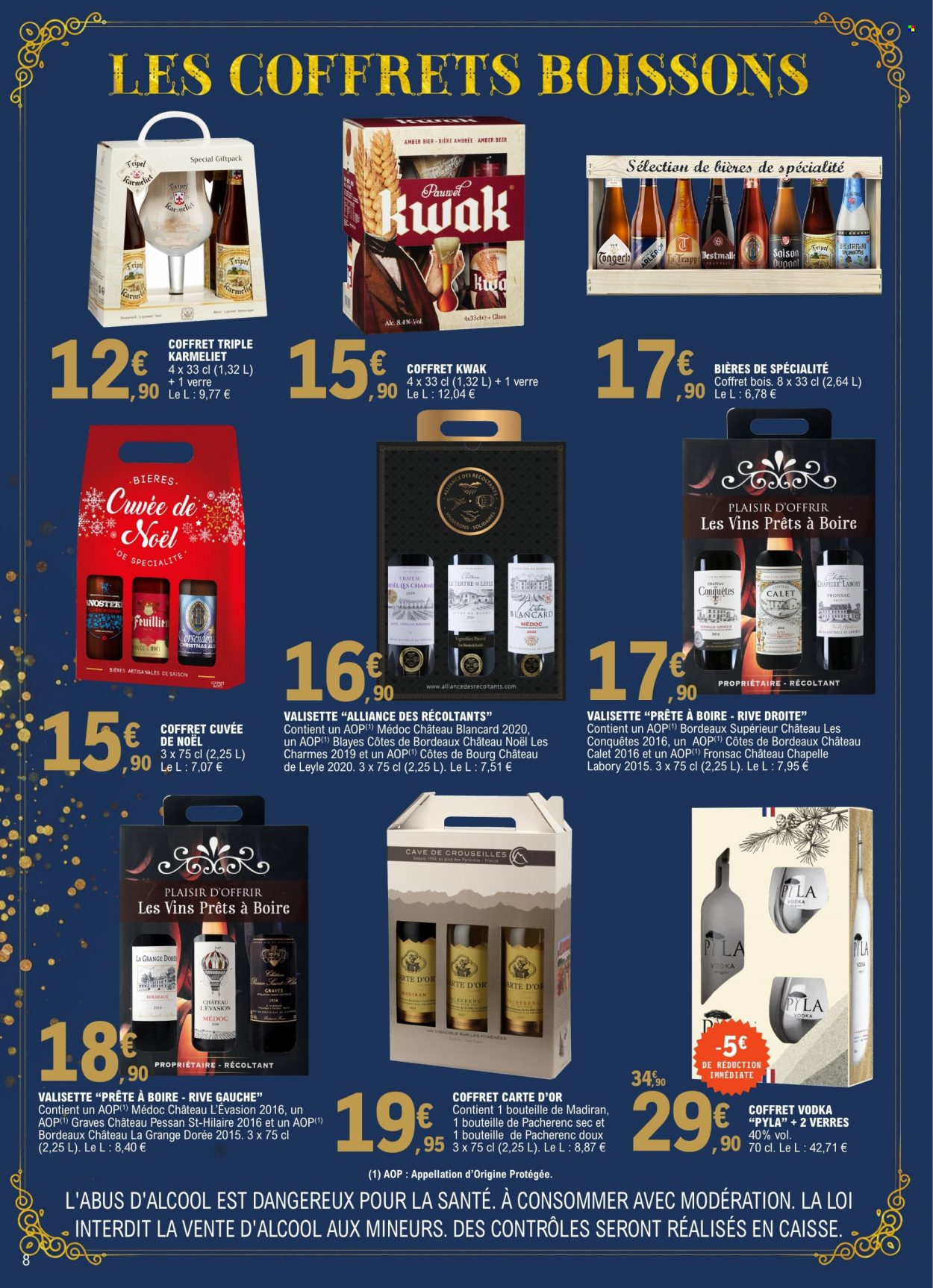 thumbnail - Catalogue E.Leclerc - 02/11/2022 - 24/12/2022 - Produits soldés - Kwak, Bordeaux, vin rouge, vodka, coffret, verre. Page 8.