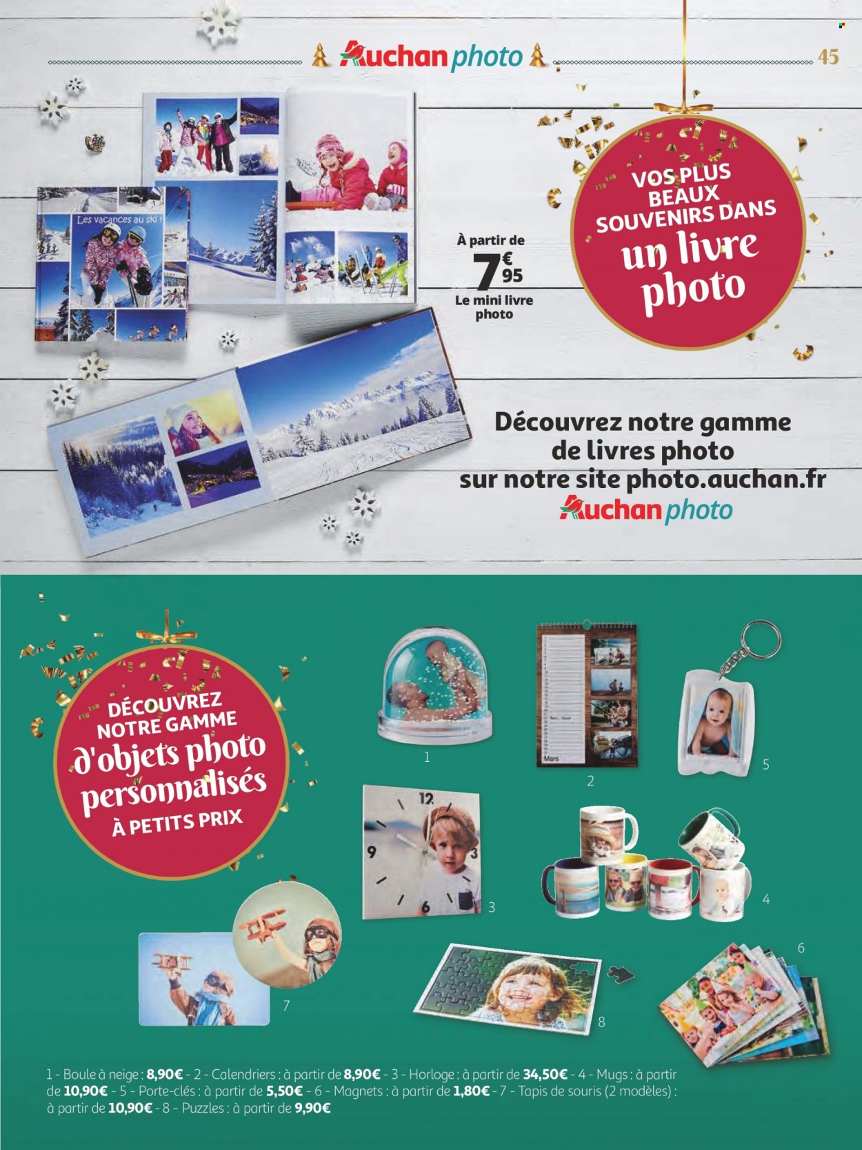 thumbnail - Catalogue Auchan - 07/11/2022 - 24/12/2022 - Produits soldés - mug, porte-clés, livre photo, tapis, tapis de souris, horloge, ski, puzzle. Page 45.