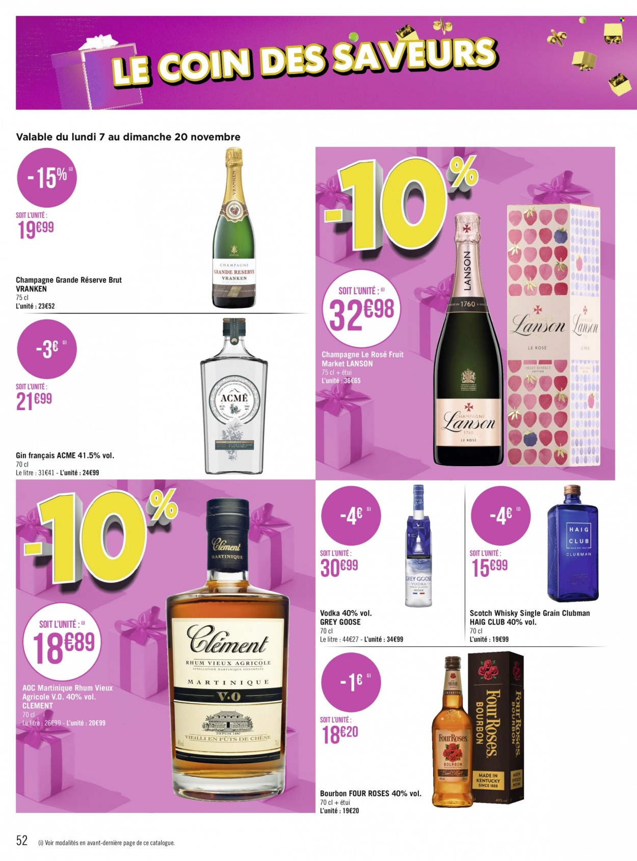 thumbnail - Catalogue Géant Casino - 07/11/2022 - 04/12/2022 - Produits soldés - alcool, champagne, gin, vodka, whisky, rhum, Four Roses. Page 52.