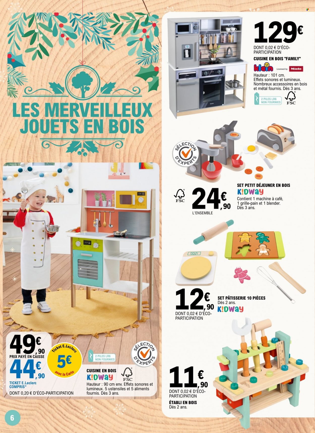thumbnail - Catalogue E.Leclerc - 10/11/2022 - 04/12/2022 - Produits soldés - établi, Miele, machine à café, blender, grille pain, jouets en bois. Page 6.