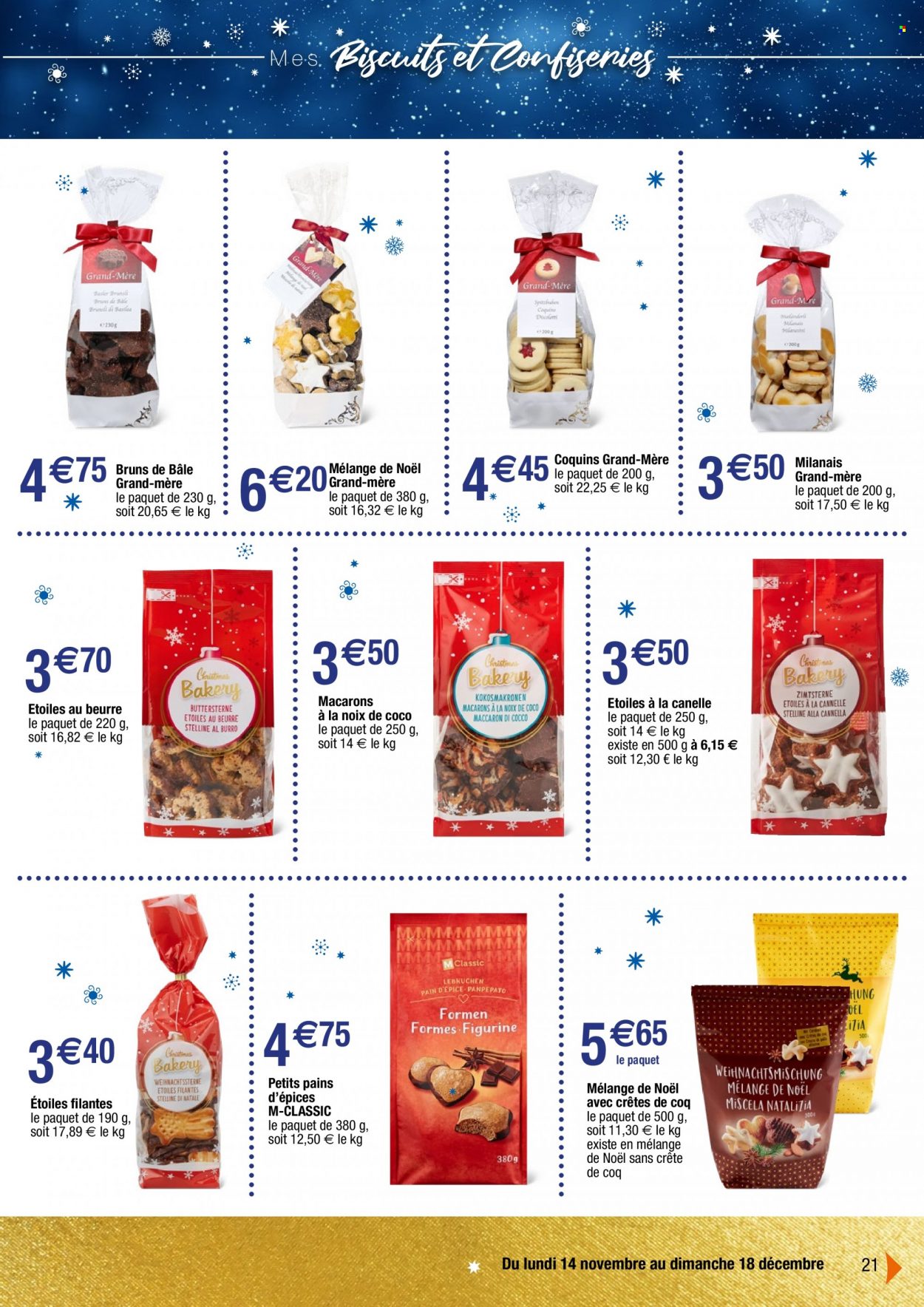 thumbnail - Catalogue Migros France - 14/11/2022 - 18/12/2022 - Produits soldés - noix de coco, pain, pain d’épices, macarons, biscuits. Page 21.